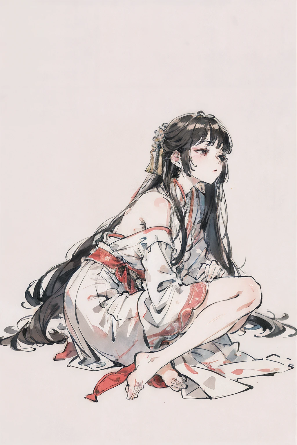 (tmasterpiece),((A high resolution)), ( ((top-quality)), ((super-fine)), ((Ultra Fine CG)),A woman in Hanfu,Bare with thighs,No shoes on,profile,(Blindfolded),delicated face,long hair flowing, From the side Side