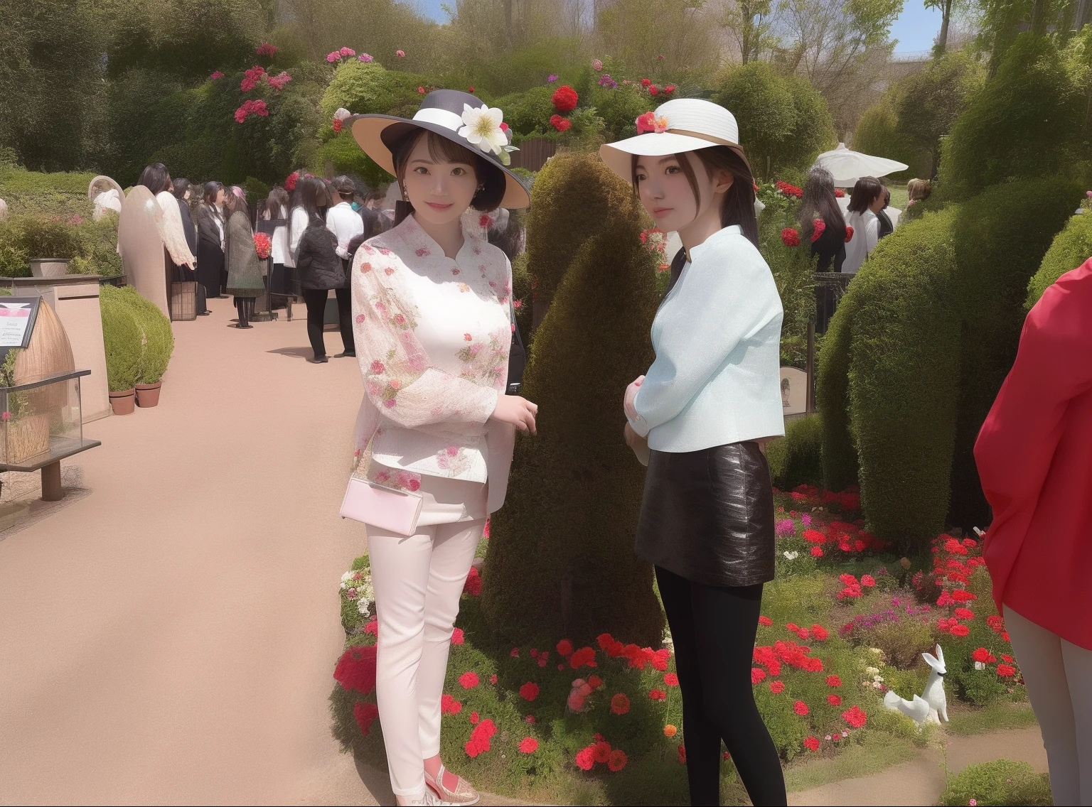 Two women stand next to the flower show, on the garden, beautiful lady, On a sunny day, standing in a botanical garden, jinyiwei, In sunny weather, with big rabbit ears, Photo ( far _ Shot ), Beautiful girl, Beautiful girls, Gorgeous lady, In Park, Flower garden, posing like a statue, with ivy, in Tokyo