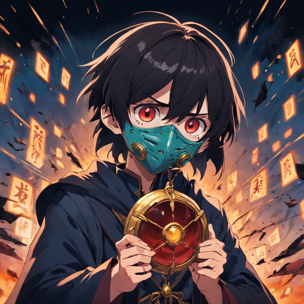 holding plague mask, 4K HD Illustration, boy, cartoon, olhos brilhando com raio