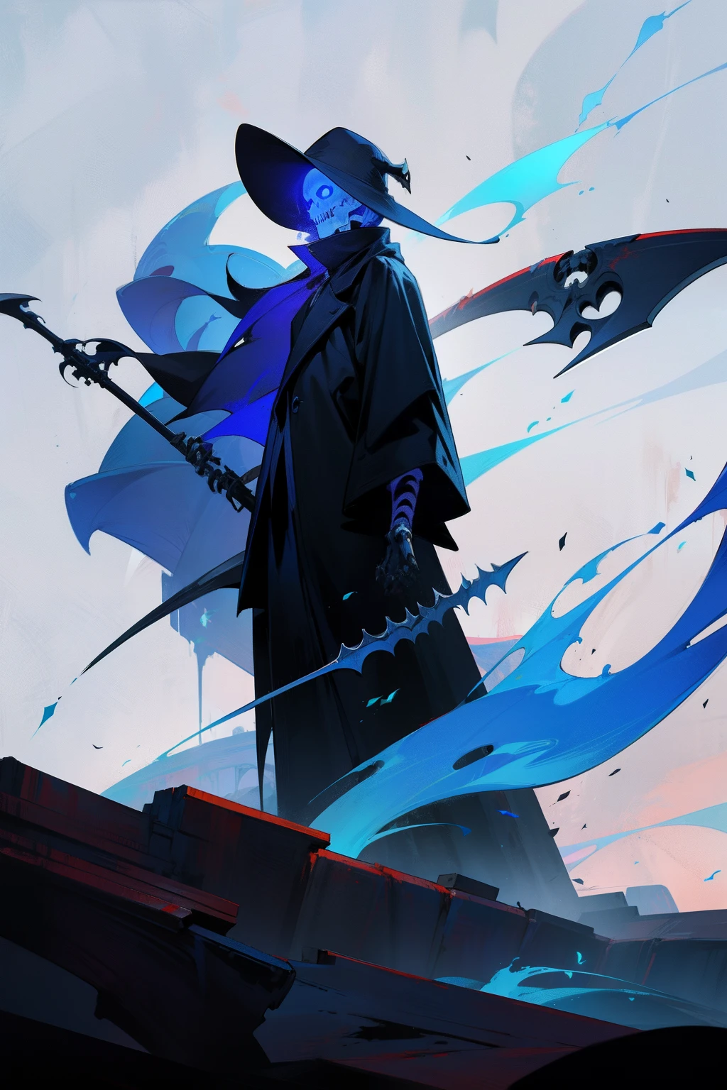 Grim Reaper, Scythe, Canyon, Spilled Blood, Skeleton, Blue Flame, Colorful Style