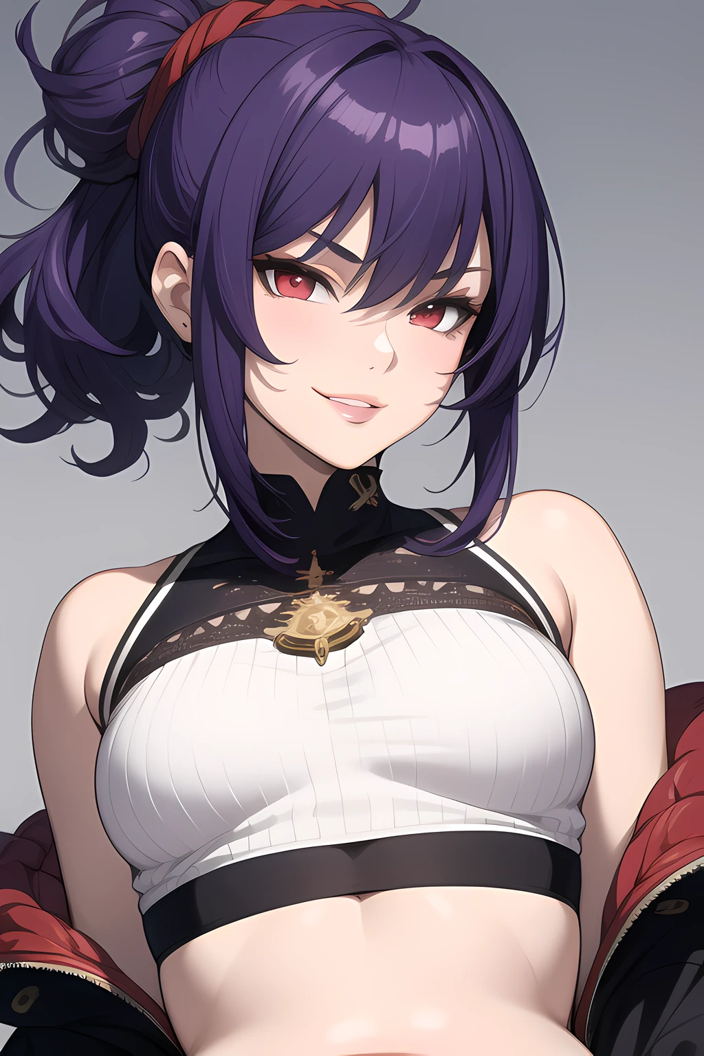 <lora:SenriganStyle:0.75>,1girl,solo,smoothskin,maturefemale,single hairbun,sideswept hair,Navy hair, ,Orange eye color,,calm smile,maturefemale,cleavage, outfit,simple background, gradient background,portrait