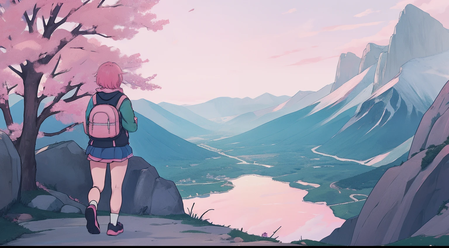 anime girl with short pink hair, pink hoodie hair clip blue skirt black legwear white shoes, green backpack, outdoors, walking in a mountain, from behind watching the landscape