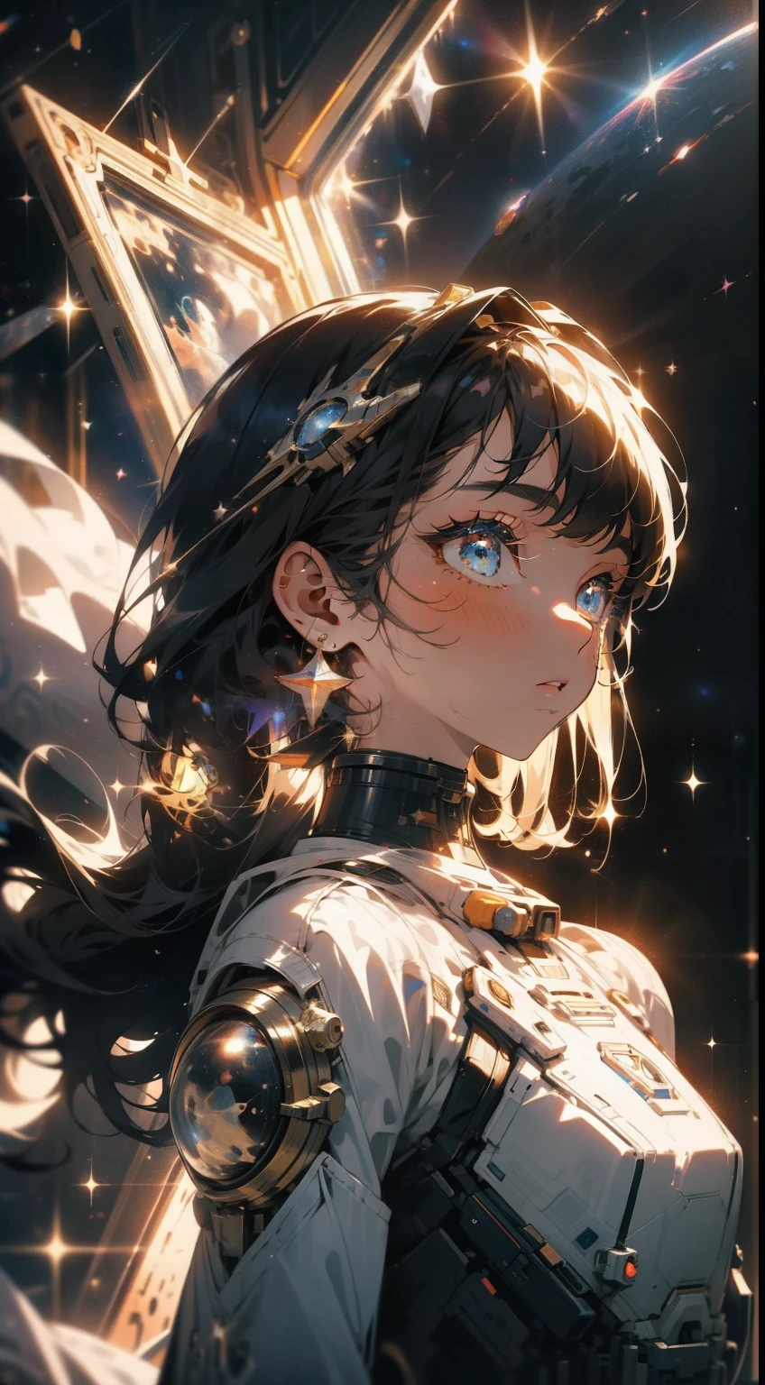 space girl,space suit, space, masterpiece, best quality, technological, high tech, intricate, detailed, absurdes, 1girl, cute, perfect face, space, window, gorgeous, star dust,cosmic, wallpaper, cinematic,compsition, colorful, perfect eyes, sensual,magic, dimensions, stardust, futuristic, backlighting, epic, fantasy