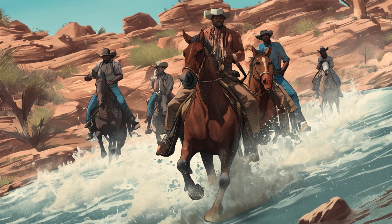 a closeup of a man riding a horse in a river, cavalry, Giga Chad Capaybara, the front of a trading card, 🐎🍑, Cover photo, Cover of a new video game, Director: Giorgio Cavallon, Director: Matt Cavotta , box art, Director: Ellen Gallagher, game cover, Style Jean Giraud, Mexican Vaquero