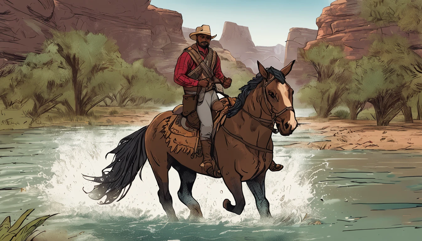 a closeup of a man riding a horse in a river, cavalry, Giga Chad Capaybara, the front of a trading card, 🐎🍑, Cover photo, Cover of a new video game, Director: Giorgio Cavallon, Director: Matt Cavotta , box art, Director: Ellen Gallagher, game cover, Style Jean Giraud, Mexican Vaquero