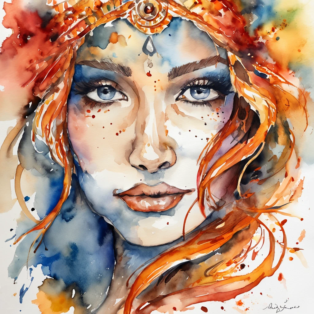Painting of a fire goddess, super beautiful, burning fire, super nice decoration, watercolor painting, sketching fire goddess with marker, digital sketching, dripping paint. Perfect color grading. Influenced by Karel Appel and Jeremy Mann, extremely detailed, Beautiful, extremely detailed, Editorial photo, shot with 50mm lens, depth of field, Shutter speed 1/1000, F/22. Light map, super bright