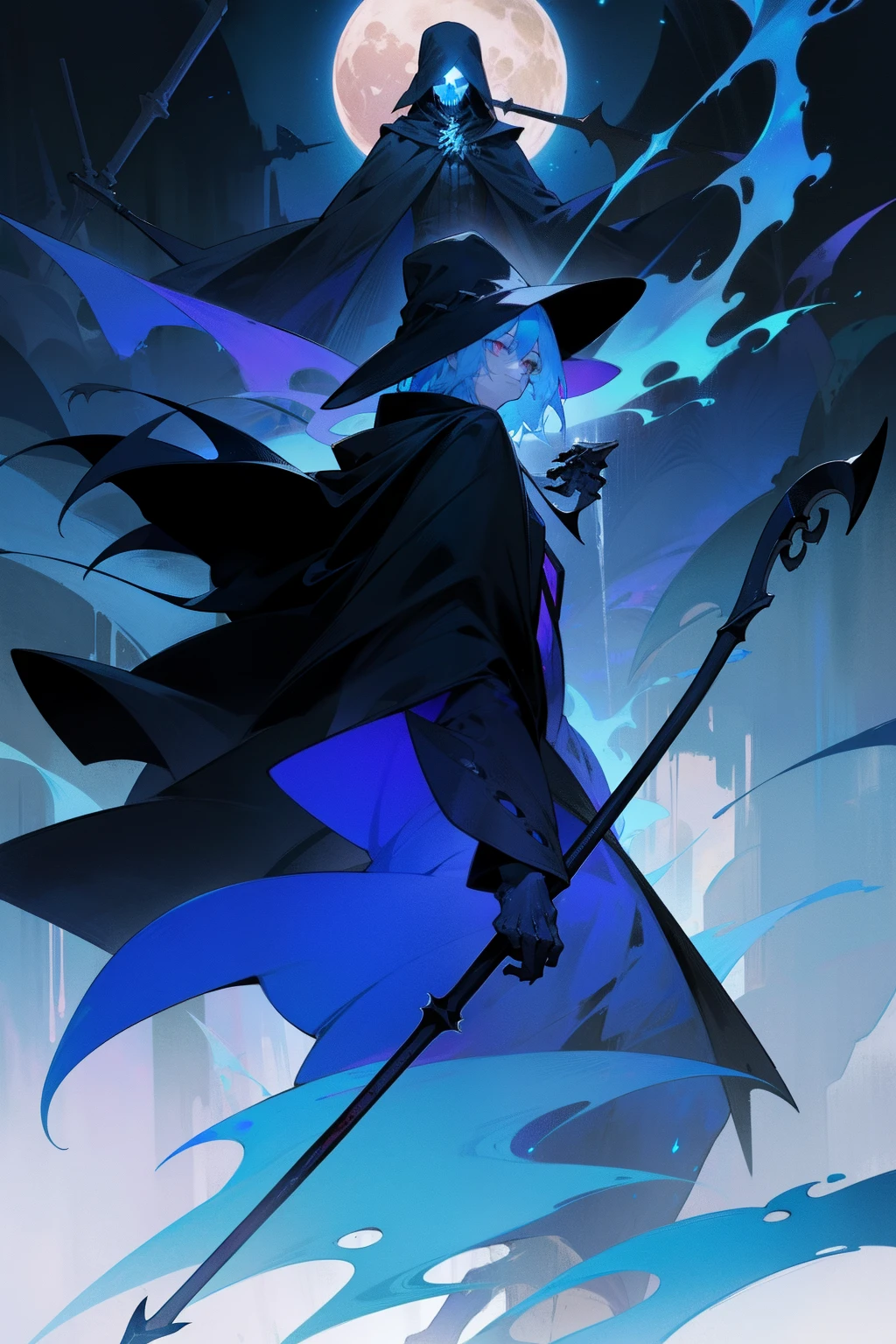 Cloak Reaper, scythe, canyons, Dripping blood, Skeleton, Blue Flame, nigth