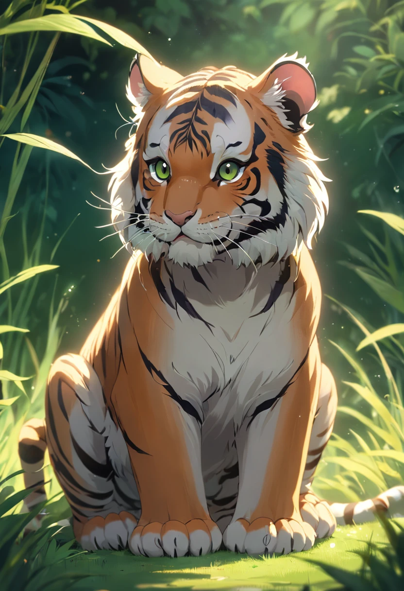 Cute little tiger，Fluffy，Vivid expressions，Play on the green grass，Bite your own tail，Vivid expressions，Natural soft light，Soft focus filter，Ultra-clear，Hyper-detailing，8K，A picture，3Drenderingof