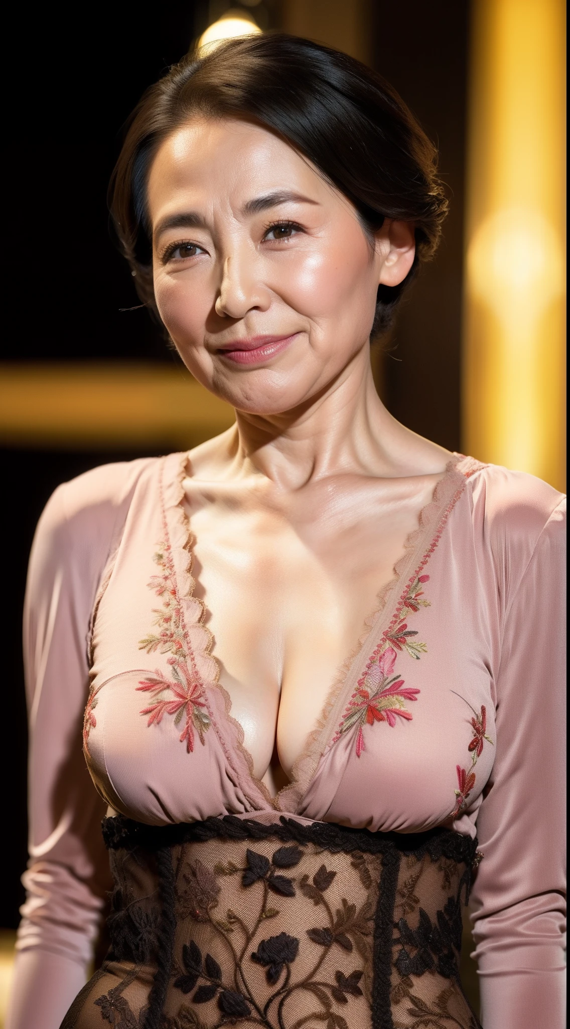 1 JAV actress 82 years old，Elegant Feminine，Happy and attractive，up of face，Staring at this, There are fine lines on the face，Mature sexy woman, masutepiece, Best Quality, Busty body，bra very, panties on, （There are intricate embroidery patterns），Has a huge flabby chest profile：1.2，M Cup，cleavage，), (absurdness quality), (16 K), (with detailed face), (Japanese_Female_Lady:1),blur backgroun