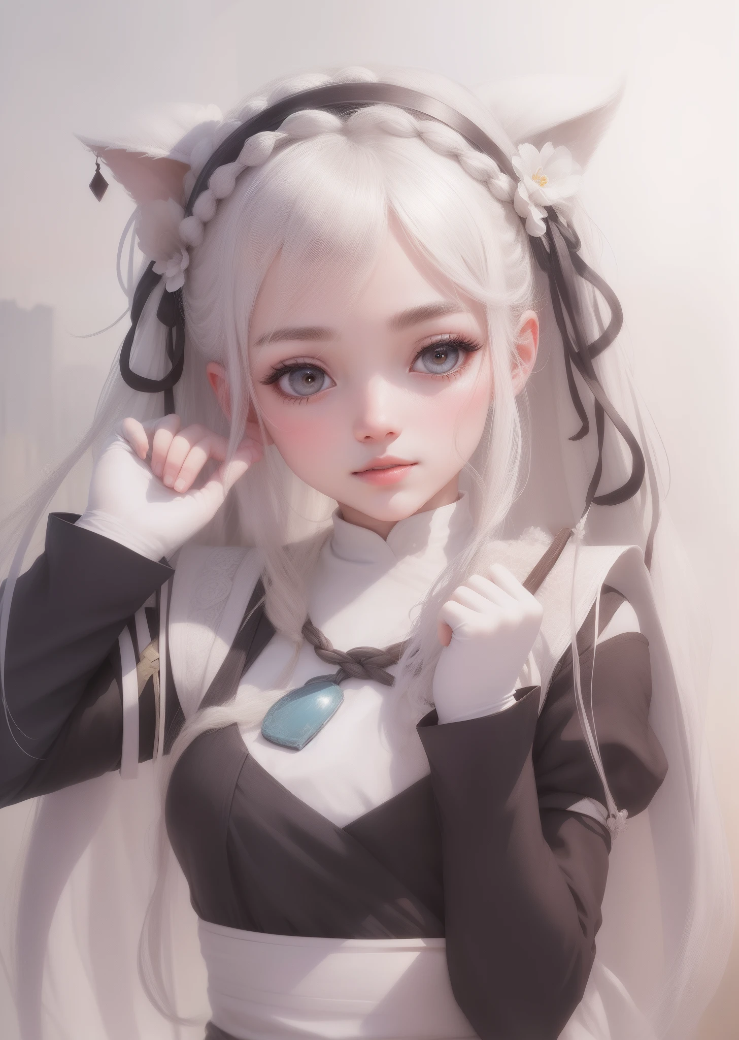 Best quality， tmasterpiece， White hair， green-eyed， sistineFibeldef， Sistin Fibel Lund， head looking up， The upper part of the body，White-pink clothes