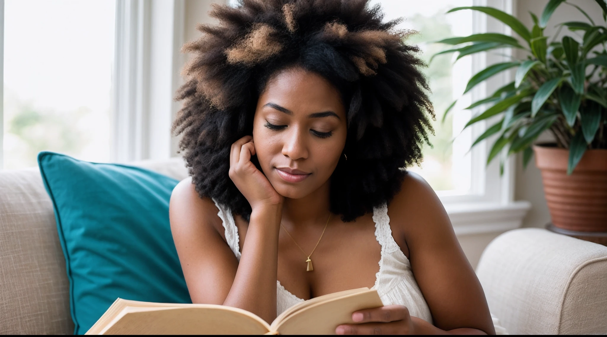 instagram photo, An evocative image of a afro american woman lost in the pages of a novel, her expressions reflecting the emotions of the narrative, Nikon Z6 II with 85mm f/1.4 lens, soft natural light, candid literature photography.
