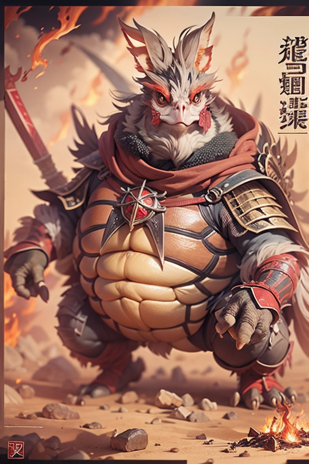 (anthropomorphic turtle),(Rooster warrior:1.4),coda,a tall body,Stout limbs,disdain,ran,tosen,The long hairs of the flame fluttered in the wind,combats,Dynamic lines,Dimly lit battlefield,Ruined castle,(stereoscopic perspective:1.4),Works of masters,super-fine,4K分辨率,high qulity,电影灯光,High picture detail,Detailed pubic hair,Epic shooting,Clearly focused hair,Detailed hair depiction,acurate