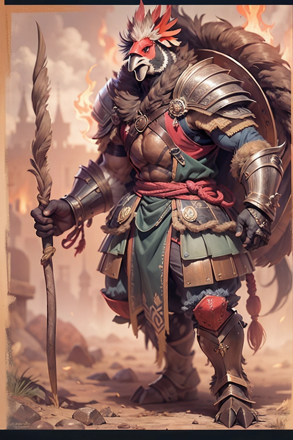 (anthropomorphic turtle),(Rooster warrior:1.4),coda,a tall body,Stout limbs,disdain,ran,tosen,The long hairs of the flame fluttered in the wind,combats,Dynamic lines,Dimly lit battlefield,Ruined castle,(stereoscopic perspective:1.4),Works of masters,super-fine,4K分辨率,high qulity,电影灯光,High picture detail,Detailed pubic hair,Epic shooting,Clearly focused hair,Detailed hair depiction,acurate