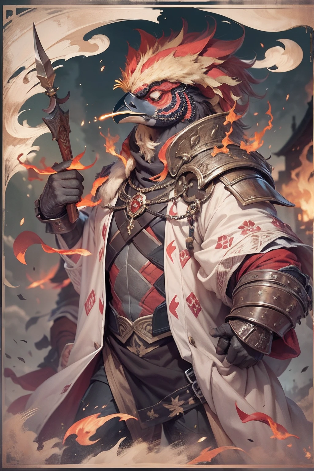 (anthropomorphic turtle),(Rooster warrior:1.4),coda,a tall body,Stout limbs,disdain,ran,tosen,The long hairs of the flame fluttered in the wind,combats,Dynamic lines,Dimly lit battlefield,Ruined castle,(stereoscopic perspective:1.4),Works of masters,super-fine,4K分辨率,high qulity,电影灯光,High picture detail,Detailed pubic hair,Epic shooting,Clearly focused hair,Detailed hair depiction,acurate