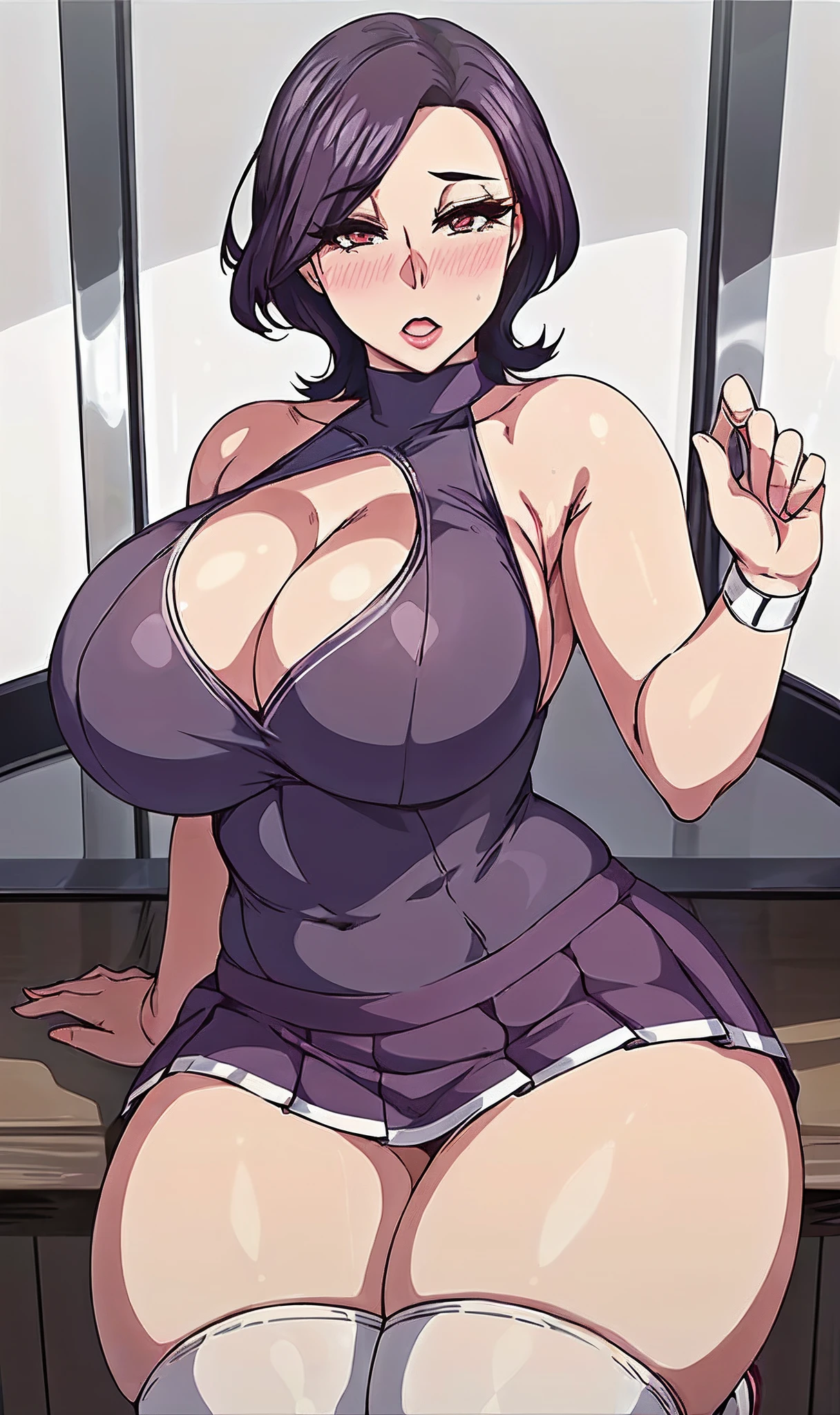 (masterpiece, best quality, semirealistic:1.3), Minako, mature female, (full body shot:1.05), (skirt pulled up:1.2), sitting on chair, cheerleader, 1girls, milf, (curvy:0.8), solo, (blush:1.05), cleavage, short hair, black hair, purple hair, bare shoulders, clothing cutout, pleated skirt, zettai ryouiki, white thighhighs, shirt, lips, cleavage cutout, huge breasts, covered breasts, lipstick, perfect body, perfect eyes, anime eyes, smoky eyeliner, eyeshadow, perfect face, shy, sharp focus, tennis court background, professional artwork, intricate details, colorful, vibrant colors, vivid colors, Diffused lighting, digital blending, ultra detailed body, ultra detail hair, ultra detail face, trending on pixiv,