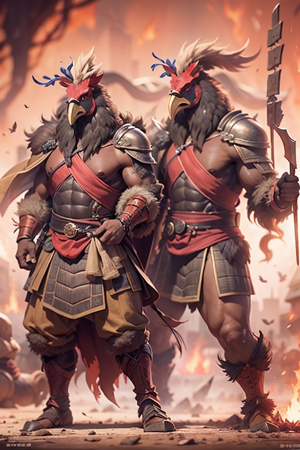 (anthropomorphic turtle),(Rooster warrior:1.4),coda,a tall body,Stout limbs,disdain,ran,tosen,The long hairs of the flame fluttered in the wind,combats,Dynamic lines,Dimly lit battlefield,Ruined castle,(stereoscopic perspective:1.4),Works of masters,super-fine,4K分辨率,high qulity,电影灯光,High picture detail,Detailed pubic hair,Epic shooting,Clearly focused hair,Detailed hair depiction,acurate