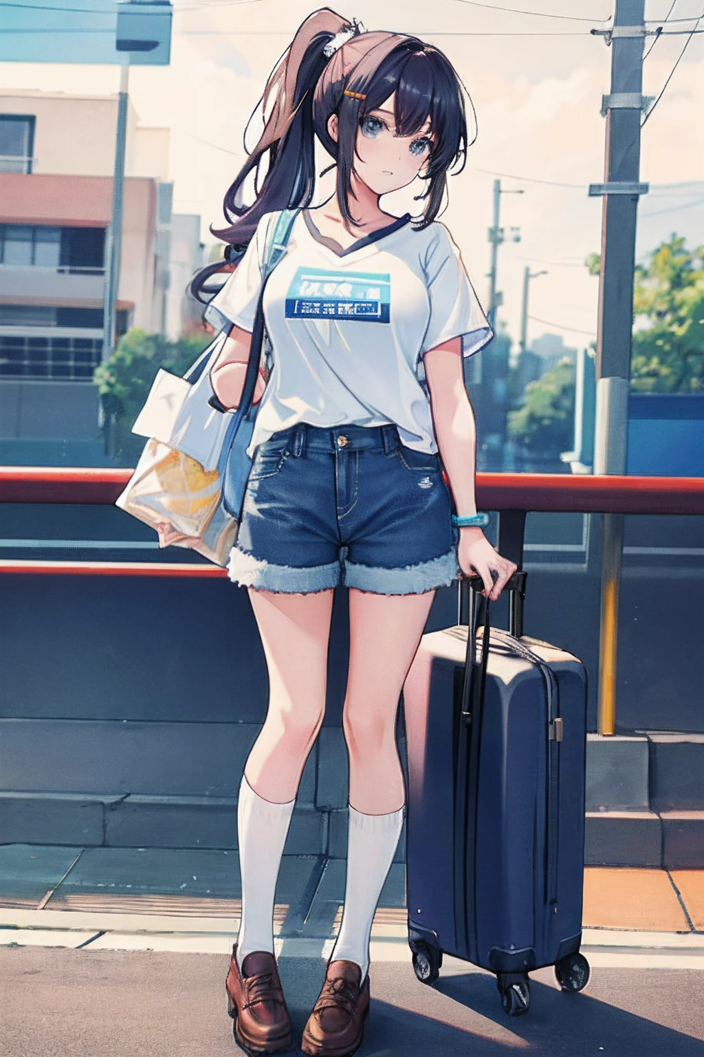 Big high school girl,denim hot-pants,High ponytail,white short socks,Big high school girl