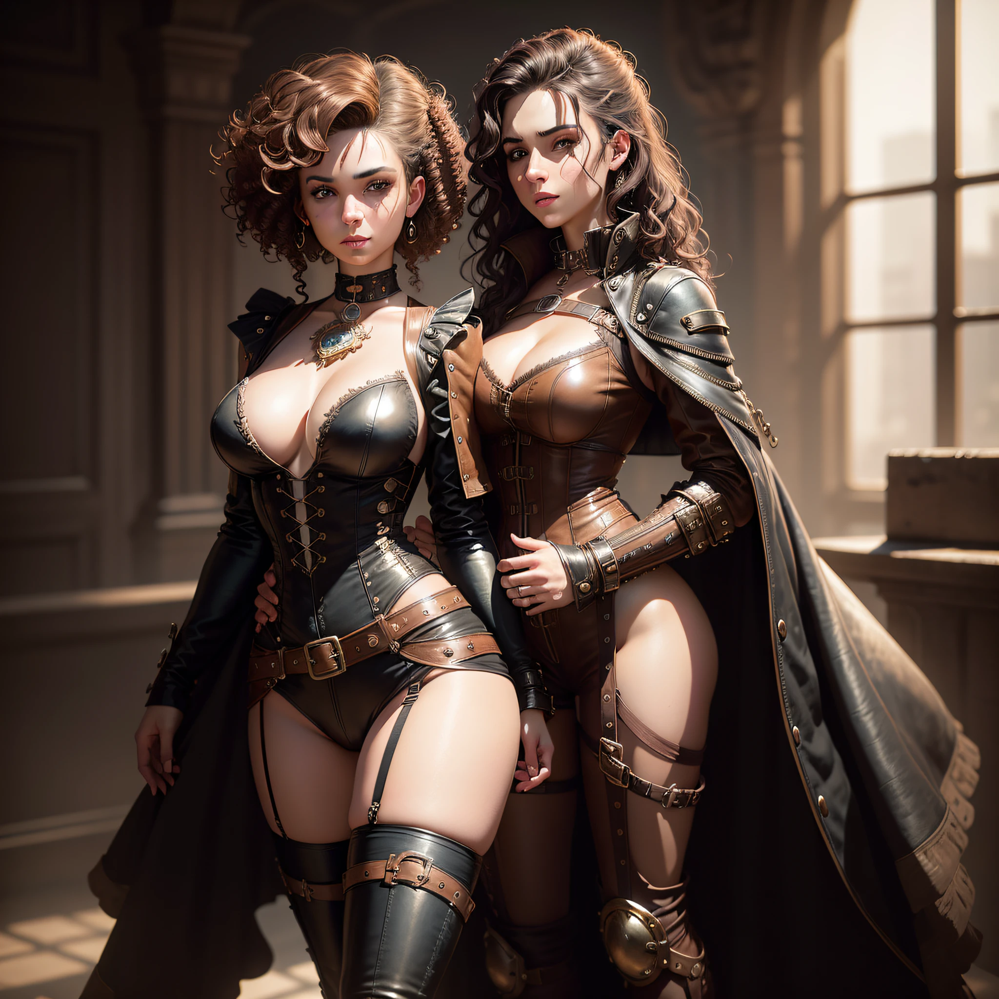steampunk woman with curly hair wearing a steampunk bodice and leather jacket draped over shoulders with detailed seductive alluring eyes in a salo ((full body including legs)), best quality masterpiece, photorealistic, detailed, 8k, HDR, shallow depth of field, broad light, high contrast, backlighting, bloom, light sparkles, chromatic aberration, sharp focus, RAW color photo
