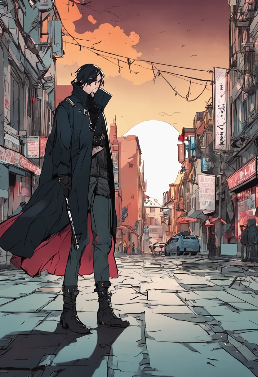 Two-dimensional, black hair, blue eyes, black coat, leg rings, weapons, looking gloomy and lonely, walking towards the audience, (best quality), (masterpiece), perfectly proportioned.