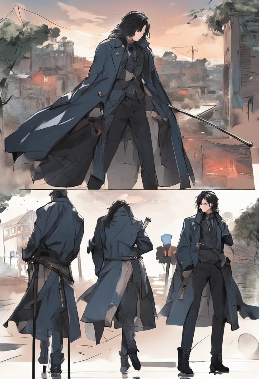 quadratic element,Black hair and blue eyes,black greatcoat,leg loops,arma,Looks melancholy and lonely,Walk towards the audience,((best qualtiy)), ((tmasterpiece)),perfectly proportions、