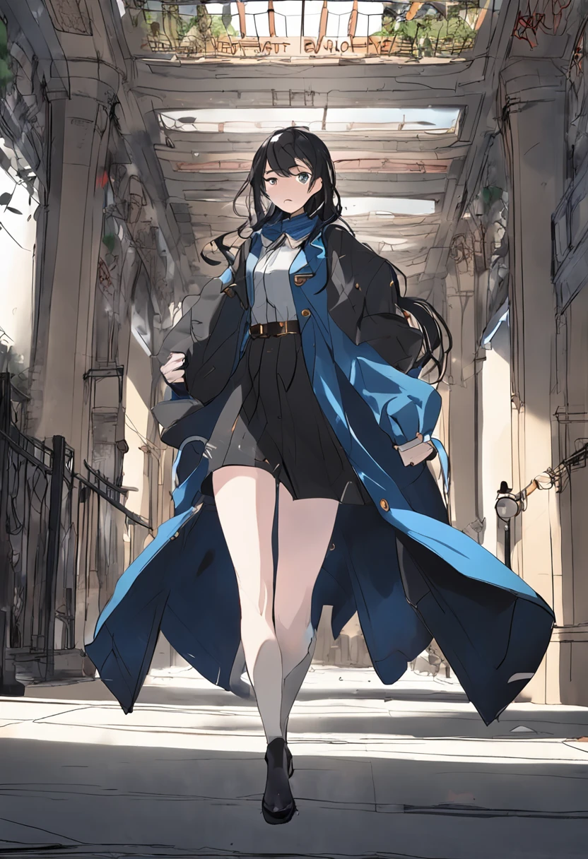 quadratic element,Black hair and blue eyes,black greatcoat,leg loops,arma,Looks melancholy and lonely,Walk towards the audience,((best qualtiy)), ((tmasterpiece)),perfectly proportions、