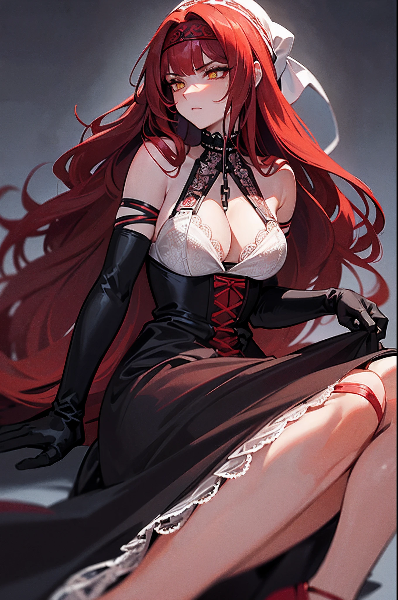 ((masterpiece)), ((best quality)), 1girl, long hair, big bust, ((red hair)), close-up, profile photo, very long red hair, ((intimidant look)), lay in the floor, horizontal image, ((blood marks)), yellow eyes, ((white lace lingerie)), ((chains)), leather, dark colors, ((bandana)), brillant eyes, heels, fishnet stockings, ((wavy hair)), exposed skin, ((intimidant look)), good anatomy, ((dominant)), ((straight cut bangs)), long gloves, evil, emotionless, intimidant, bloody, ((beautiful eyes)), dark background, close up, ((detailed eyes)), beautiful eyes, hair bang, frontal look