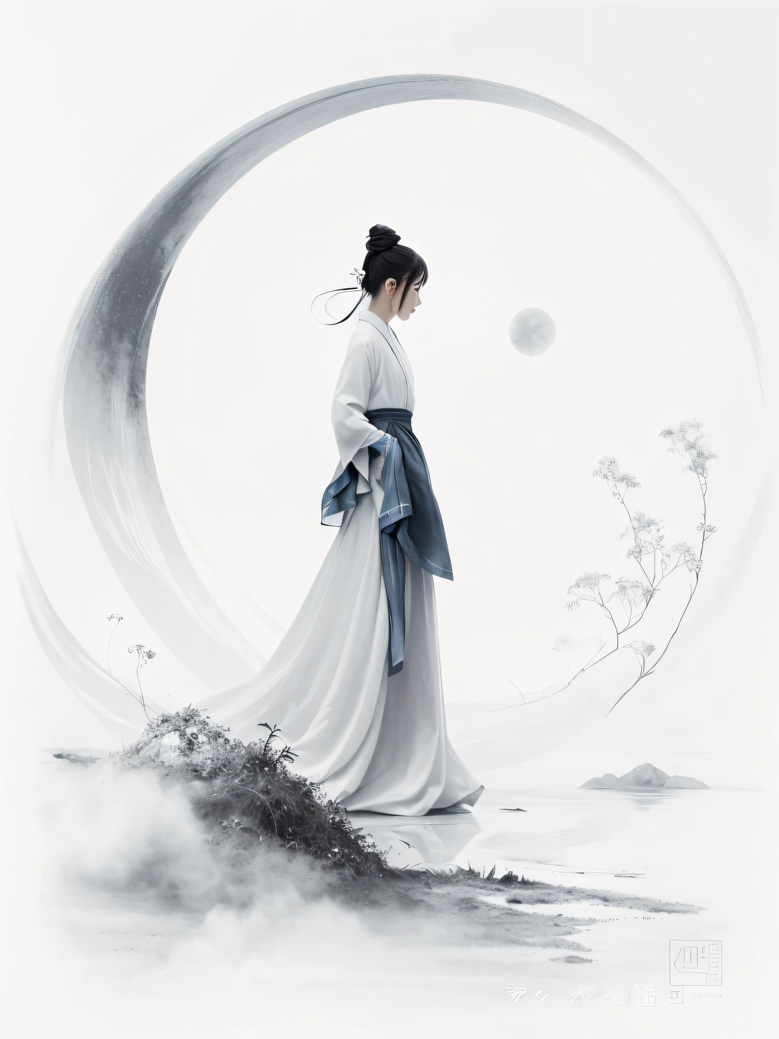 Draw a woman in a white dress standing in a circle, Palace ， A girl in Hanfu, detail face, close eyes, Chinese painting style, author：Zhou Fang, Beautiful character painting, by Yang J, White Hanfu, inspired by Zhan Ziqian, author：Qu Leilei, style of guo hua, A beautiful artwork illustration, inspired by Zhu Derun