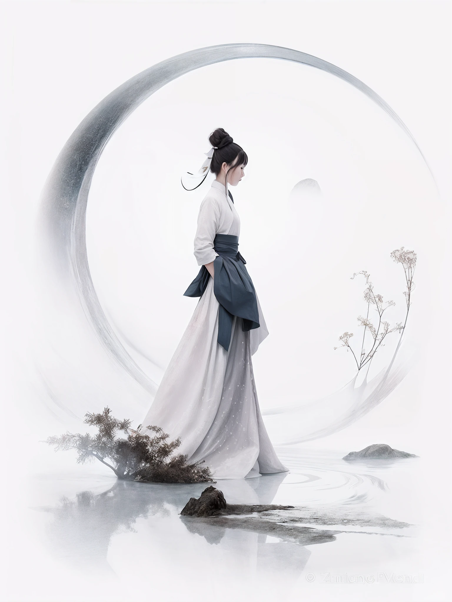 Draw a woman in a white dress standing in a circle, Palace , A girl in Hanfu, detail face, close eyes, Chinese painting style, author:Zhou Fang, Beautiful character painting, by Yang J, White Hanfu, inspired by Zhan Ziqian, author:Qu Leilei, style of guo hua, A beautiful artwork illustration, inspired by Zhu Derun