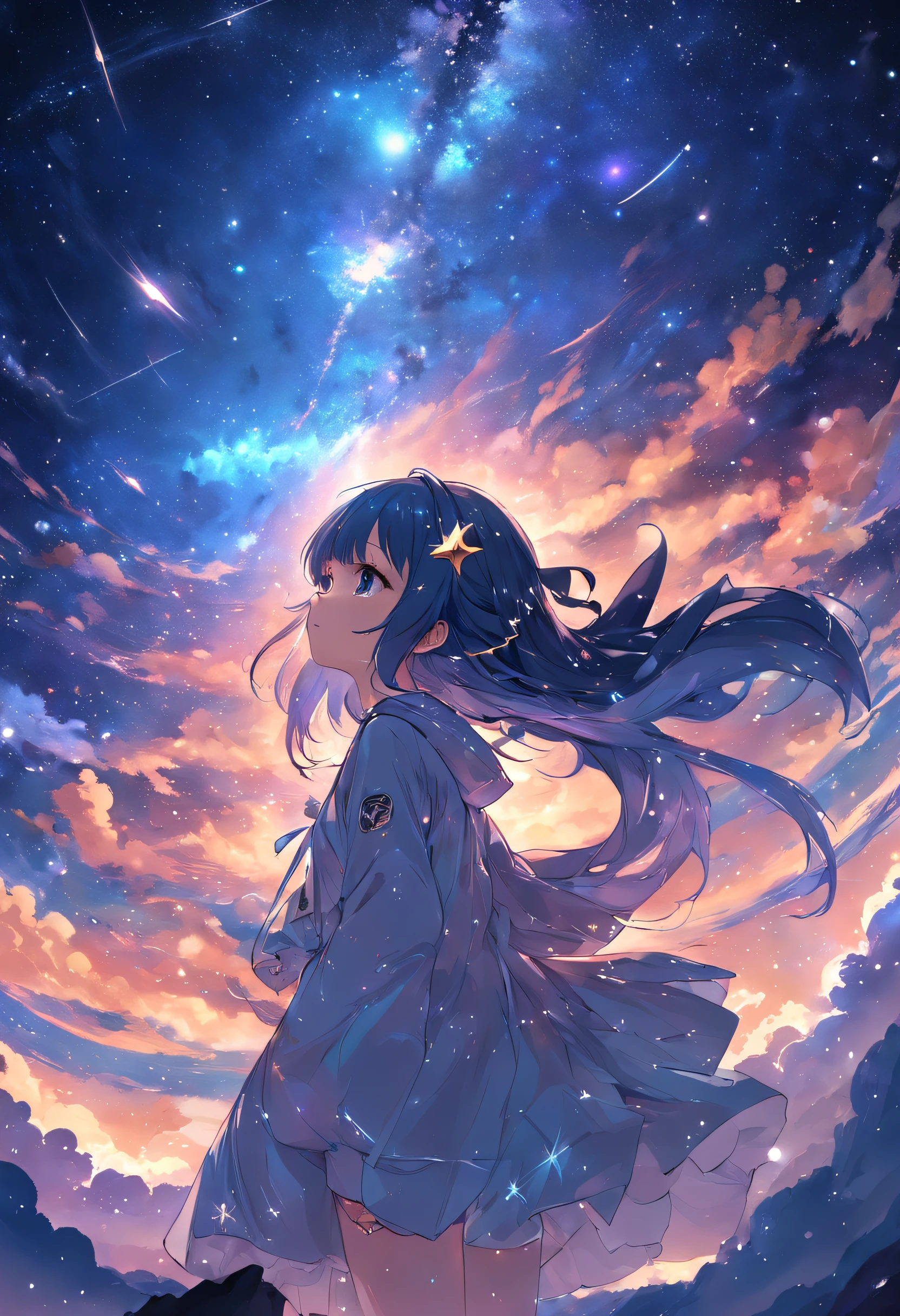 A girl standing in the sky with her hair blowing in the wind - SeaArt AI