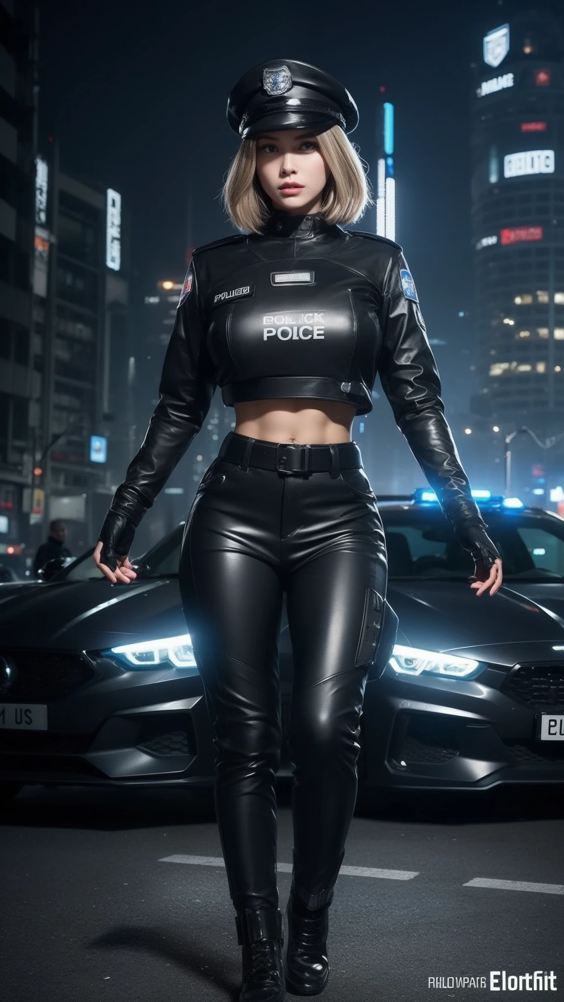 Highest image quality,Outstanding details,超高分辨率,The police of the future,She wears a ripped futuristic SWAT uniform,She stood in front of the police car,Very sexy,Robust body,Sexy and robust,Detailed abs,Detailed muscle lines,dynamicposes,the night,Future city street view background,neonlight,sense of science and technology,future-tech,Very detailed cyberpunk style,cyber punk perssonage,Highly detailed police uniforms,Highly detailed police cap,Highly detailed police force,Highly detailed police badge,Highly detailed armbands,Highly detailed police strips,Highly detailed epaulettes,wear police cap,Highly detailed electric batons,largest breast:1.4,The gun of the future,intercom,Wireless devices,Highly detailed handcuffs,Highly detailed police equipment,Highly detailed police car,Future police car,frontage,Full body photo,Look from the bottom up,look from down, looki at viewer,mechs