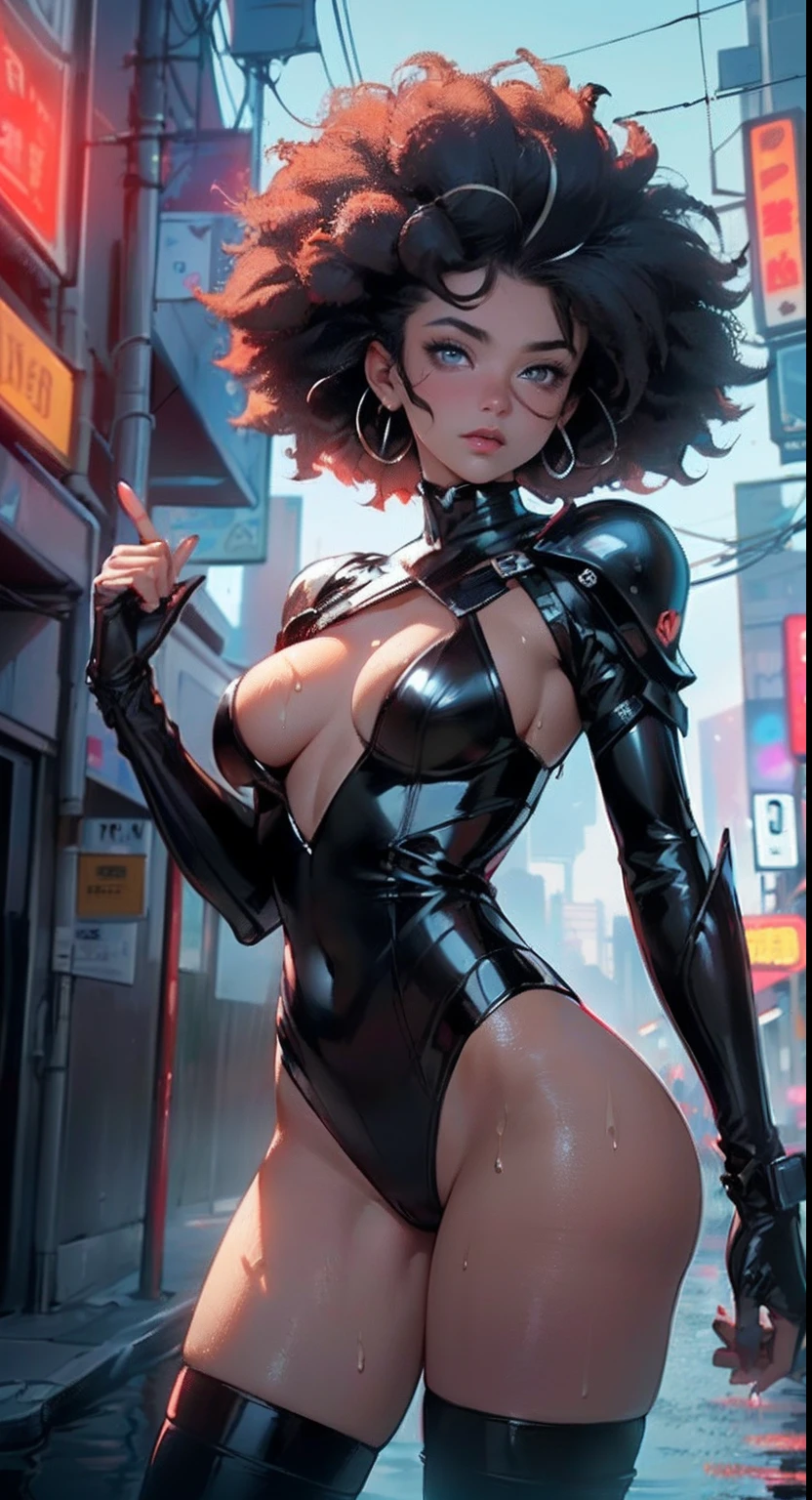 girl spacepunk,(((1girl))),((cute and beautiful afro haired girl)),((((black race)))),
(large breasts:1.4),saggy breasts,((((black afro hair:1.35,((afro hair:1.35)),afrohair,afro:1.35,dark hair,black hair,)))),medium hair,((heterochromia:1.5,eye1 orange,eye2 red,perfect eyes,upturned eyes:1.3,beautiful detailed eyes,finely detailed beautiful eyes:1,big highlight on eyes:1.2)),((fat)),((((tan,dark skin,black skin:1.35,dark-skinned_female,dark skin:1.3,ebony skin,lustrous skin:1.5,bright skin: 1.5,shiny skin,very shiny skin,shiny body,illuminated skin,wet legs)))),(spider lower abdomen,narrow waist,wide hip,athletic body,inflated legs,delicate detailed fingers),((hand consists of a short thumb and four fingers,hand with just five fingers,(detailed face))),
cute,slutty,sensual,seductive look,seductive,erotic,enchanting,(((nsfw))),
zettai ryouiki,revealing clothing,show skin,(wearing a mechanical space body armor:1.3,micro bikini,bare legs,an armored arm),((wet clothes, detailed outfit,detailed clothes)),
(dynamic pose:1.0),solo focus,embarrassed,(centered,scale to fit dimensions,Rule of thirds),
cyberpunk city by the ocean at night, with bright neon signs and dark stormy clouds and puddles,
High resolution, sharp focus, (ultra detailed, extremely detailed), (photorealistic artwork:1.37), 8k wallpaper,((synthwave background theme)),((vibrant colors)),(intricate),masterpiece,(best quality),