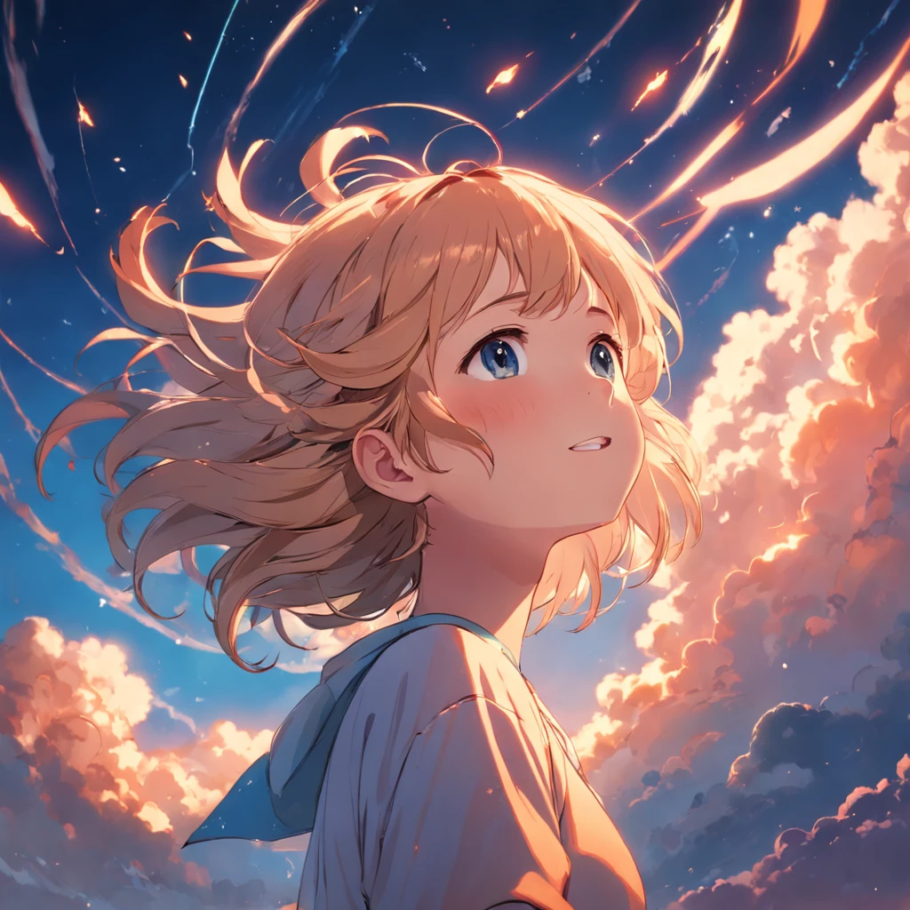 masterpiece, best quality, movie still, 1girl, cloud girl, floating in the sky, close-up, bright, happy, warm soft lighting, sunset, (sparks:0.7)