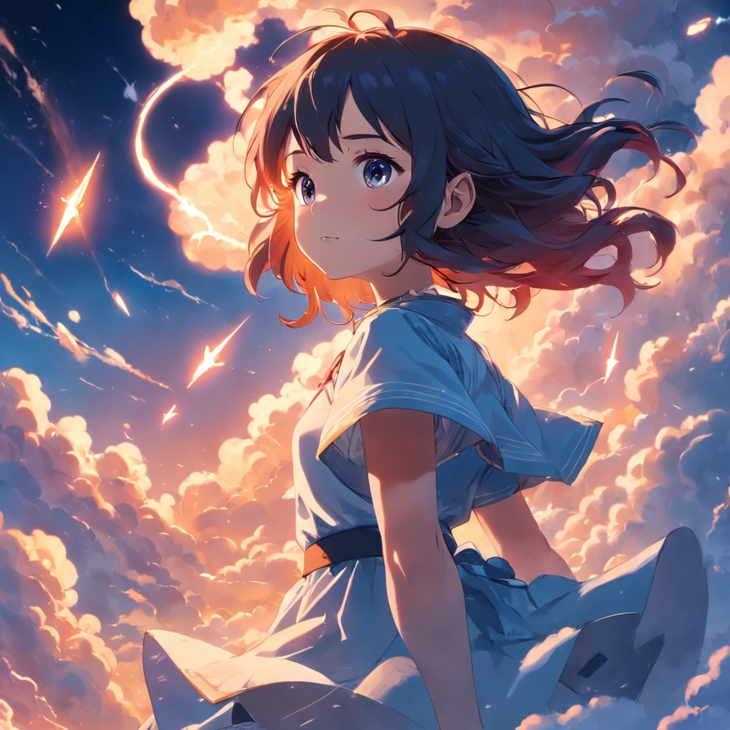 masterpiece, best quality, movie still, 1girl, cloud girl, floating in the sky, close-up, bright, happy, warm soft lighting, sunset, (sparks:0.7)