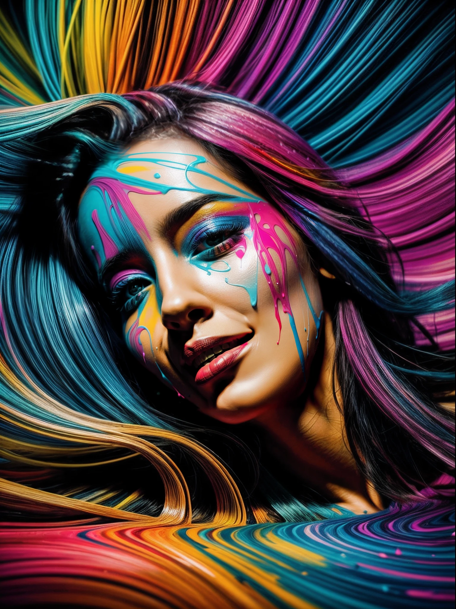 woman, pajama party, colorful paint splashes, advanced photography techniques, close-up shot, dynamic motion, lighting techniques, natural and artificial lighting, partygoers, artistic elements, abstract art, fluidity, chaos, ecstatic expression, patterns of paint, photography and digital art fusion.