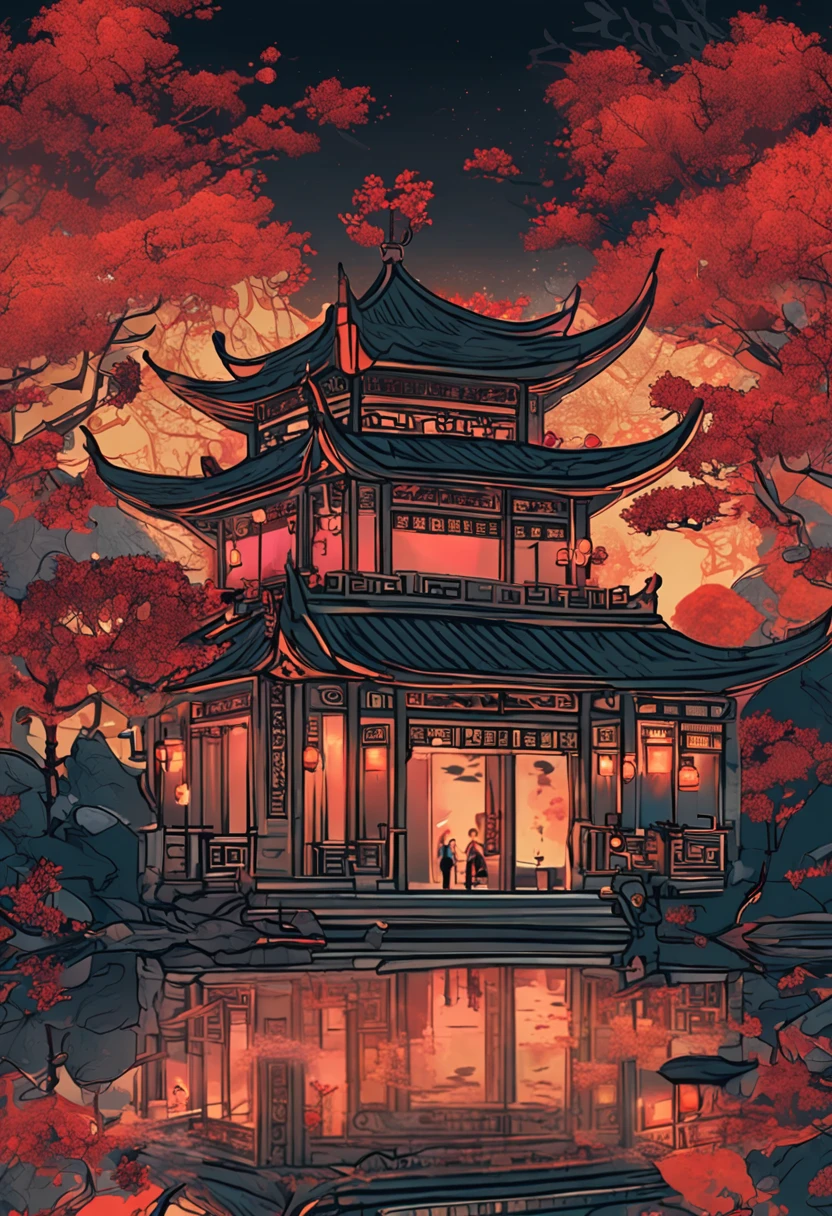 An ancient Chinese painting， the night，Brilliantly lit，Pavilions， tmasterpiece， super detailing， Epic composition， hyper HD， high qulity， extremely detaile， offcial art， 统一 8k 壁纸， super detailing， 32k -- v 6