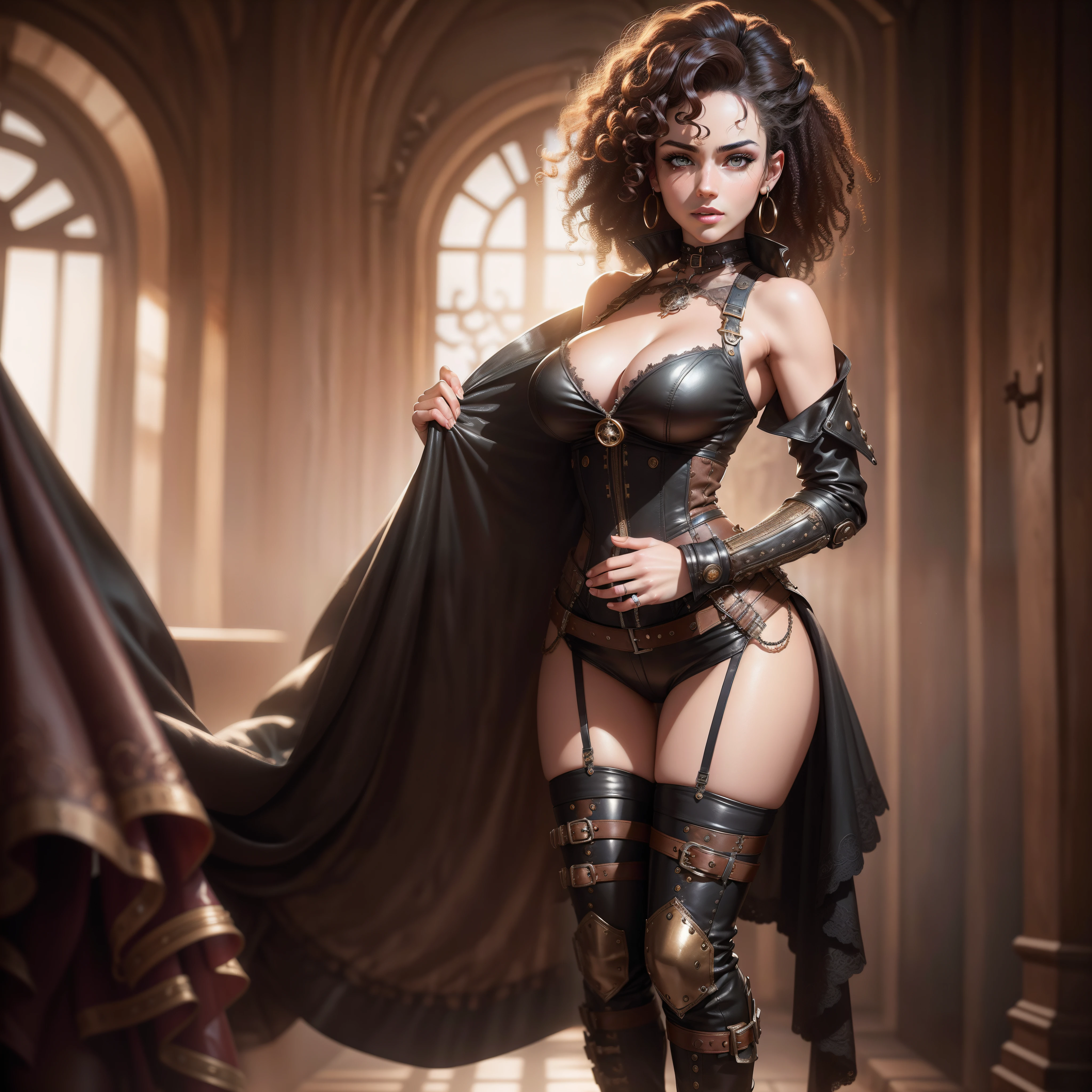 steampunk woman with curly hair wearing a steampunk bodice and leather jacket draped over shoulders with detailed seductive alluring eyes in a salo ((full body including legs)), best quality masterpiece, photorealistic, detailed, 8k, HDR, shallow depth of field, broad light, high contrast, backlighting, bloom, light sparkles, chromatic aberration, sharp focus, RAW color photo
