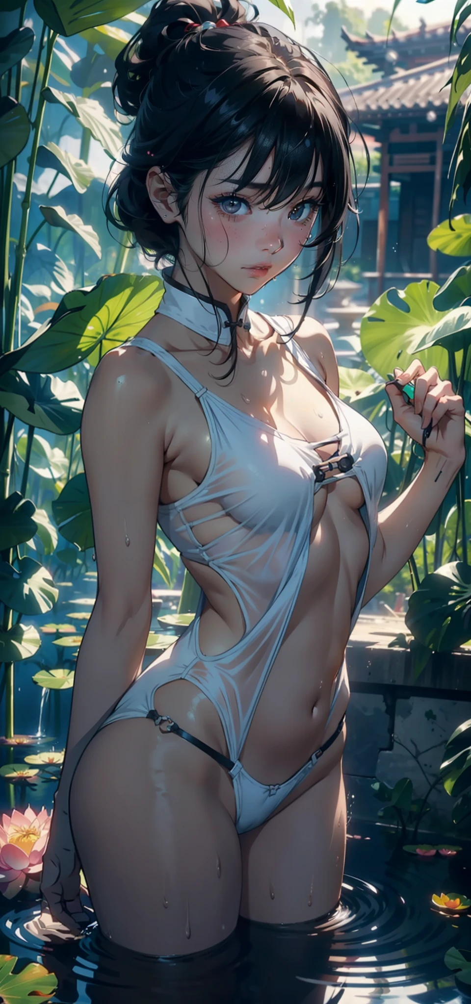 1 female,3 years old,bit girl,Small loli,huge-breasted,Pornographic exposure, 独奏,(Background with:bamboo forrest,lotuses,lotus flower,exteriors,Lotus pond) She has short black hair,Qi bangs,Doll head,Station,Sweat profusely,drenched all over the body,,seen from the front, hair straight, mostly cloudy sky,(((tmasterpiece),(Very detailed CG unity 8K wallpaper),best qualtiy,cinmatic lighting,detailed back ground,beatiful detailed eyes,Bright pupils,Black eyes,(Very fine and beautiful),(Beautiful and detailed eye description),ultra - detailed,tmasterpiece,)),facing at camera,A high resolution,ultra - detailed),revealing breasts,Bare genitalia, Bulge,legs are open,Raised sexy,Camel toes,Flushed complexion,Open-mouthed,frontage,elementary student(Wearing:Evangelion Rei Ayanami suit,nakeness)