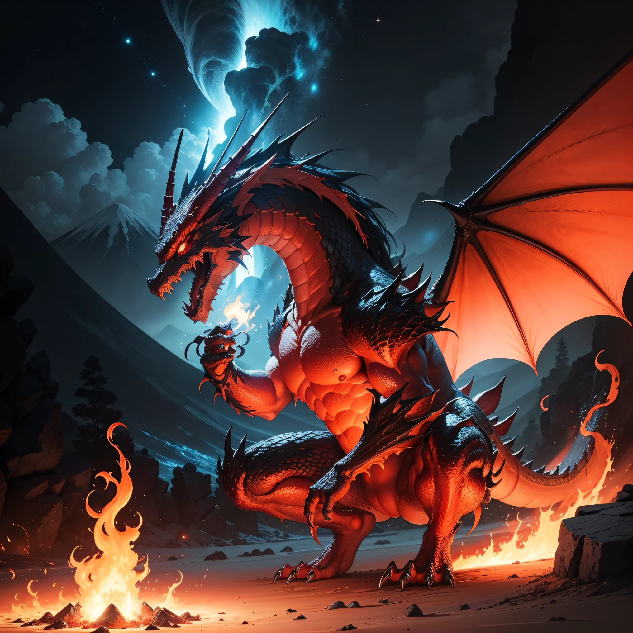 In the heart of a raging volcano, A magnificent vision unfolds. A majestic red dragon emerges from the burning depths, suas escamas cintilam com um calor intenso. The dragon's wings extend wide, projetando uma sombra sobre a lava derretida abaixo. Seus olhos, Brilhando como brasa, They exude a sense of power and wisdom. The intricate details of its scales and the sharpness of its claws are a testament to its strength and beauty. The flames that dance around your body create a mesmerizing display of light and color. This artwork captures the awe-inspiring presence of a red dragon in the middle of a volcanic eruption, uma verdadeira obra-prima que combina os elementos do mito e da natureza. --ar 1:1--V 5.1