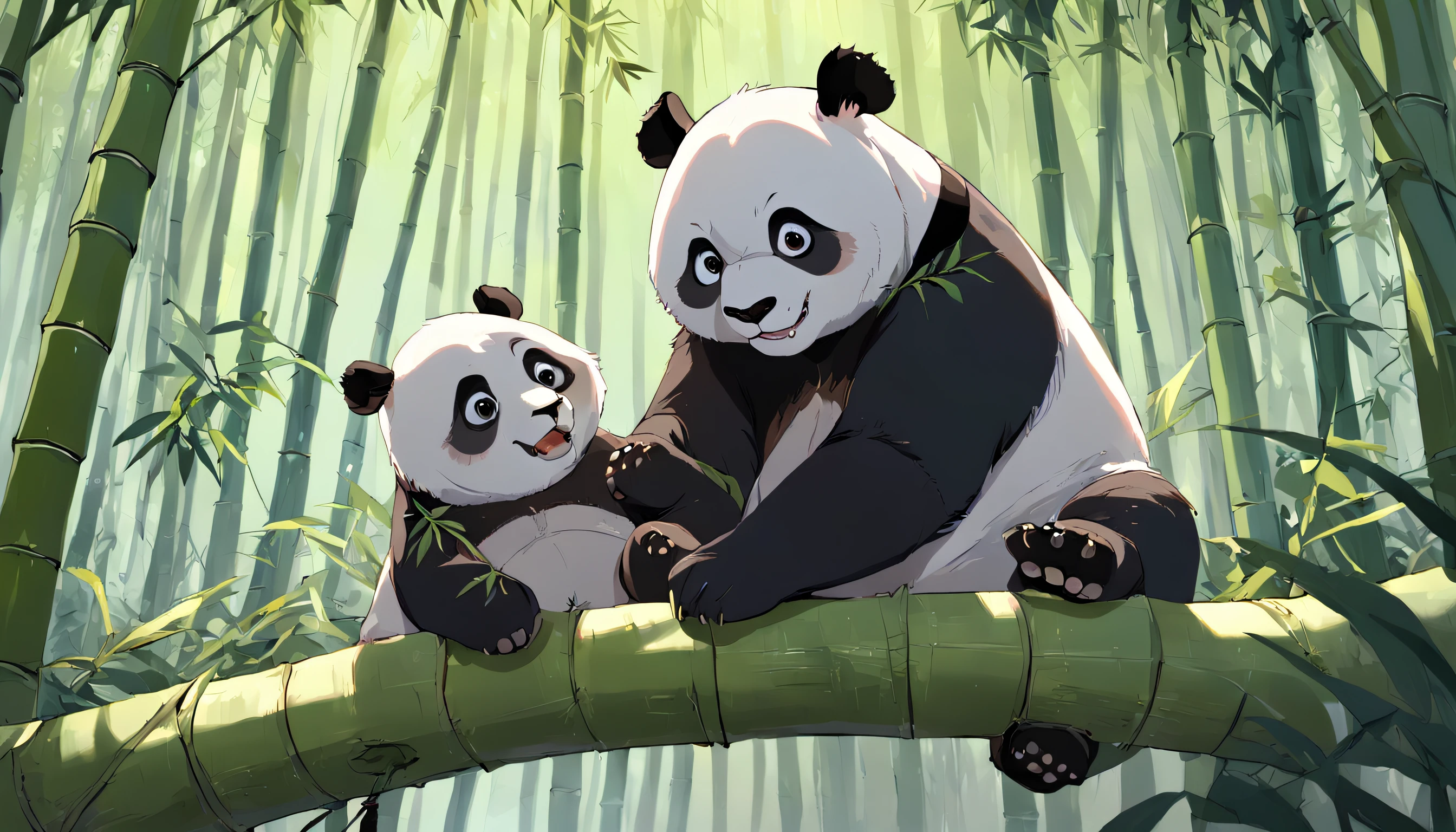 Panda bear sitting on a tree with leaves and branches, um panda gigante bonito, panda, pintura digital altamente detalhada, panda bonito, por Yang J, pintura digital altamente detalhada, painting digital adorable, "Retrato de um animal de desenho animado, em uma floresta de bambu, Directed by: Liang Kai, arte digital detalhada bonito, por Ni Tian, Dia de Tian, pintura digital de alta qualidade, olhos perfeitos, olhos abertos, olhos castanhos, um pouco feliz, with a piece of bamboo in the mouth with a piece of leaf at the end of the bamboo,