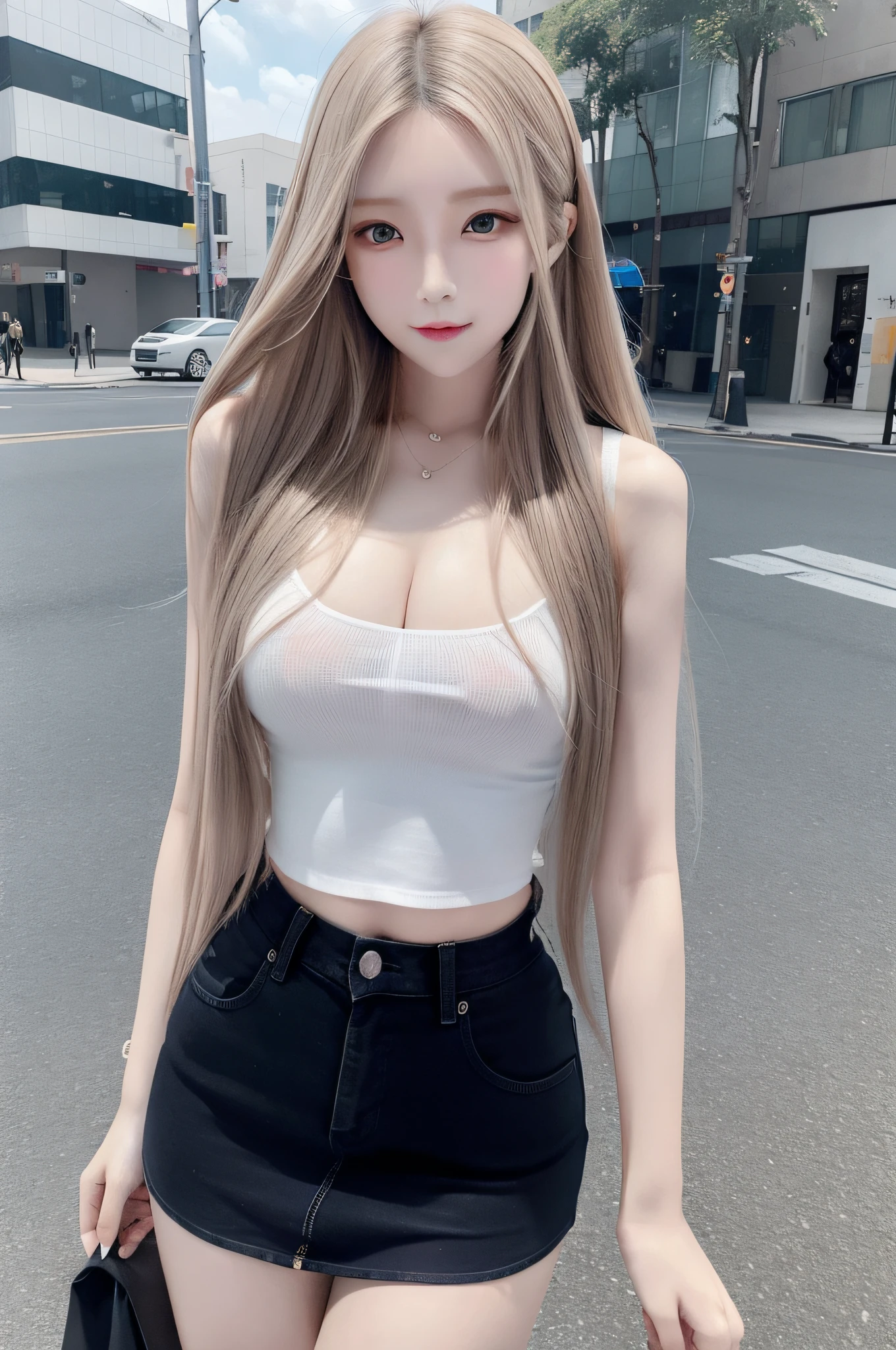 top-quality、超A high resolution、(Photorealsitic:1.4)、(Ulzzang-6500:0.4)、Beautuful Women、韓国アイドル、age 22、long whitr hair、Light brown hair、Clean wavy hairstyle、Realistic eyes, Elongated narrow eyes、Beautiful eyes、A smile、croptop、vests、Wear a transparent shirt、A miniskirt、In the street、squatt、Slender、slenderness、Slim body lines、Shot diagonally from above