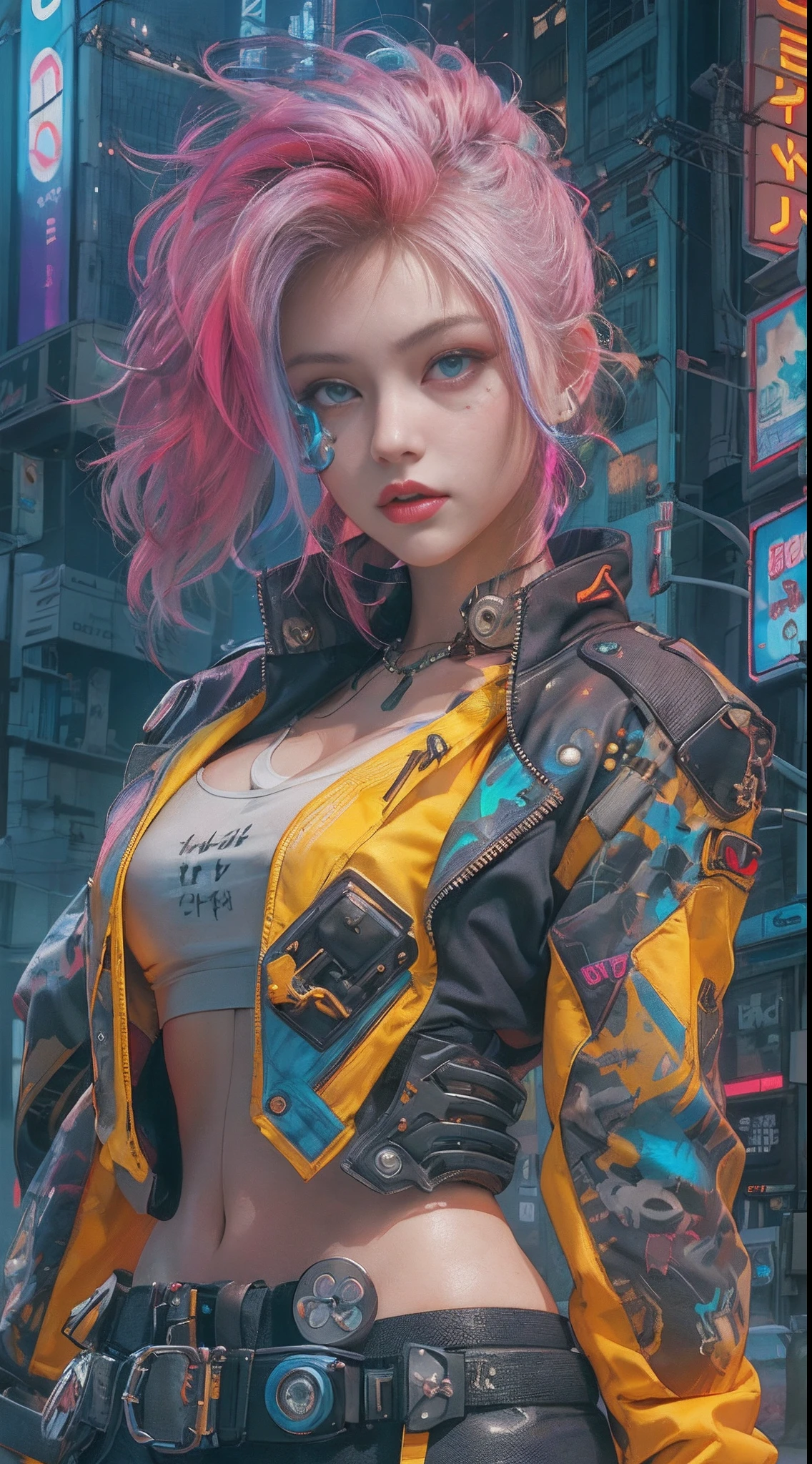 masterpiece, best quality, 1 cyberpunk girl, full body shot, standing in front of motorcycle, looking at viewer, Confident cyberpunk girl with sassy expression, Harajuku-inspired pop outfit, bold colors and patterns, eye-catching accessories, trendy and innovative hairstyle, vibrant makeup, Cyberpunk dazzling cityscape, skyscrapers, neon signs, LED lights, bright and vivid color scheme, anime, illustration, detailed skin texture, detailed cloth texture, beautiful detailed face, intricate details, ultra detailed.