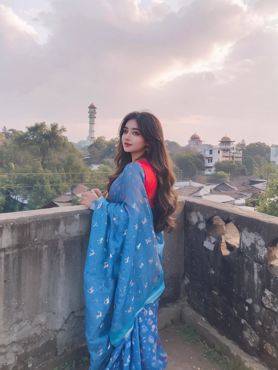 (((desi girl))), chubby face, natural skin, wearing red saree, charming black hair, ((hair ends are blonde)), greenary village background, bokeh