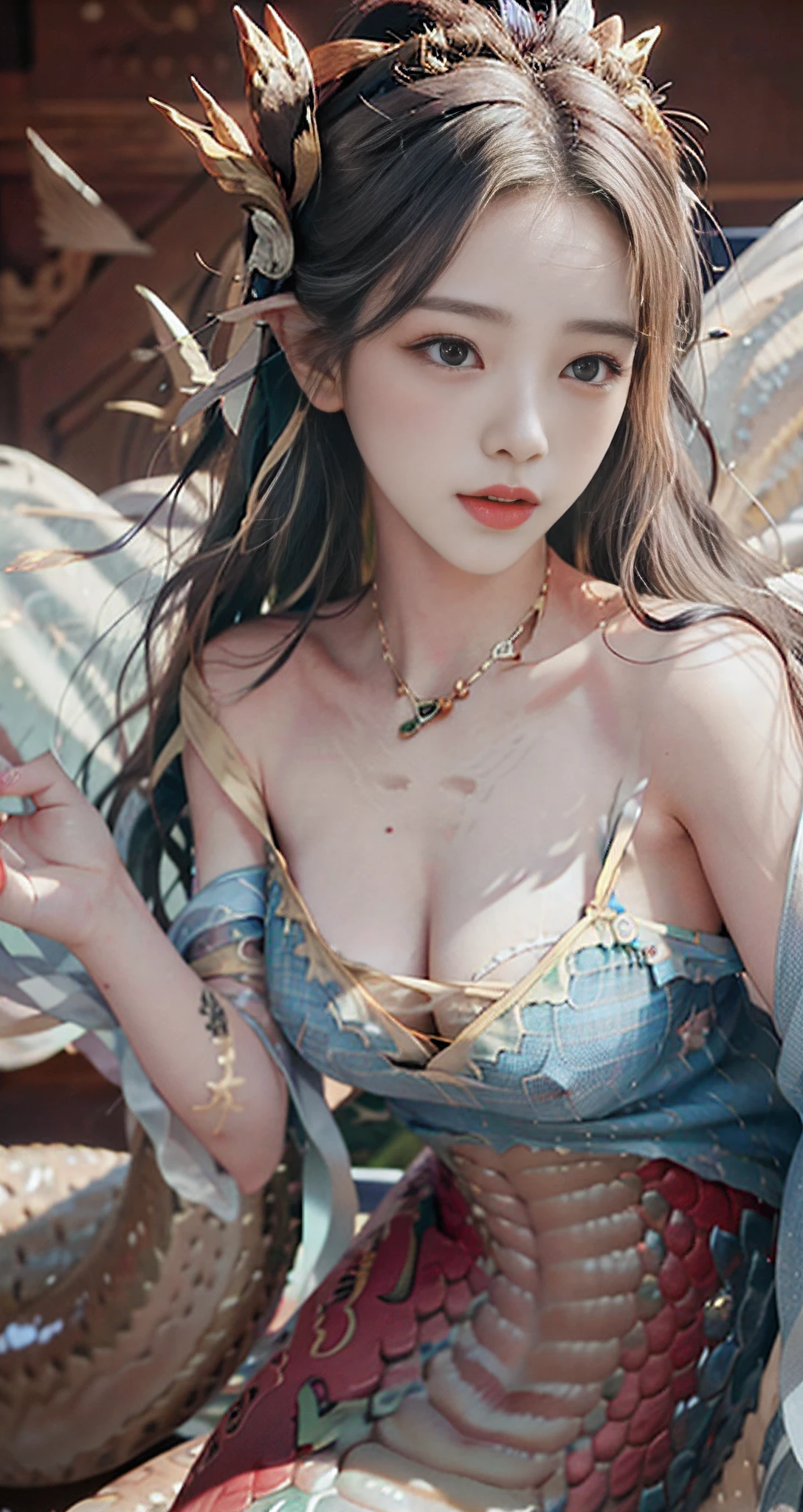 Best quality at best，tmasterpiece，Very detailed details，A high resolution，8K，Complicated details，realisticlying，Photorealsitic，dramatic  lighting，1girll，dunhuang_clothes，dunhuang_dress，Medium breast，Partially covered by clothing，（ssee-through：1.3），Through a thin veil，A glimpse of the breasts can be seen，Create an enticing and suggestive effect，At a glance, You can see the contours of her skin and chest，cowboy lens，whirling，（mermaids：1.2）（Elongated snake tail：1.3），Medusa（naga），Brilliant golden scales