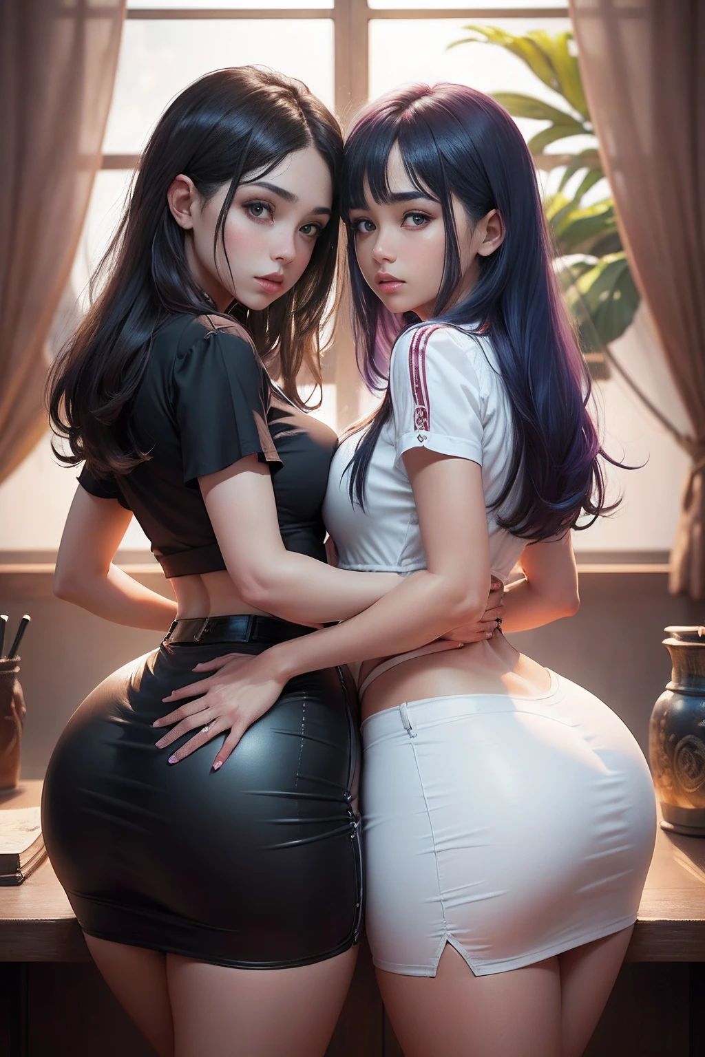 (2mujeress:1.5),desde arriba,(Amagaeru:1.2),(big size ass_senos:1.2),(seno_prensa:1.3),(Symmetrical_acoplamiento:1.3),escote,Looking_en_espectador,flequillo,cama,negro_bien,negro_cabello,negro_falda,rubio_cabello,azul_ojos,bien,cerrado_boca,鎖骨,cortinas,cabello_entre_ojos,Altas Resoluciones,dentro,largo_cabello,Texto original en,morado_ojos,corto_cabello,corto_Mangas,falda,ropa interior,Escalado,ventana,, (Obien maestra:1.3), (La mejor calidad:1.3), 1mujer,