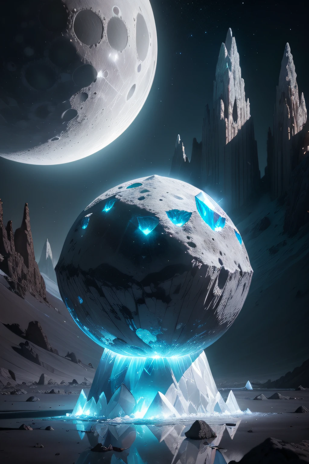 /imagine prompt: On a distant moon, colossal crystals rise from the lunar surface, reflecting the light of distant stars, a cosmic spectacle that unveils the beauty and mysteries of the universe, 3D, surreal rendering with intricate crystal structures, --ar 16:9 --v 5