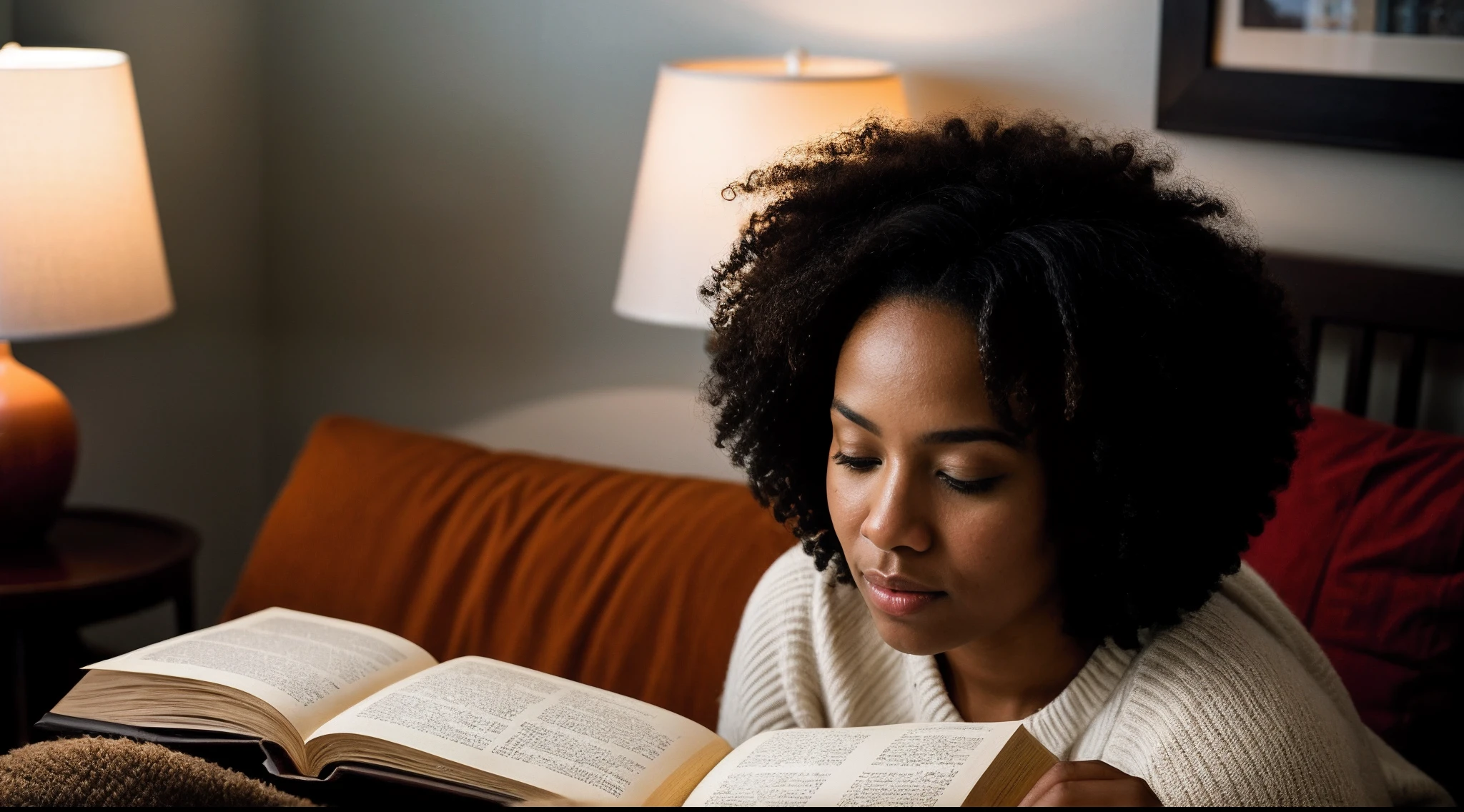 instagram photo, closeup face photo, A poignant composition featuring a afro american woman reading beneath the soft glow of a reading lamp, immersed in the world of literature, Fujifilm X-T4 with 35mm f/2 lens, cozy ambient lighting, contemplative photography.