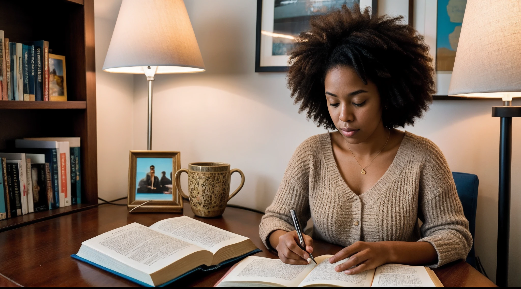 instagram photo, closeup face photo, A poignant composition featuring a afro american woman reading beneath the soft glow of a reading lamp, immersed in the world of literature, Fujifilm X-T4 with 35mm f/2 lens, cozy ambient lighting, contemplative photography.