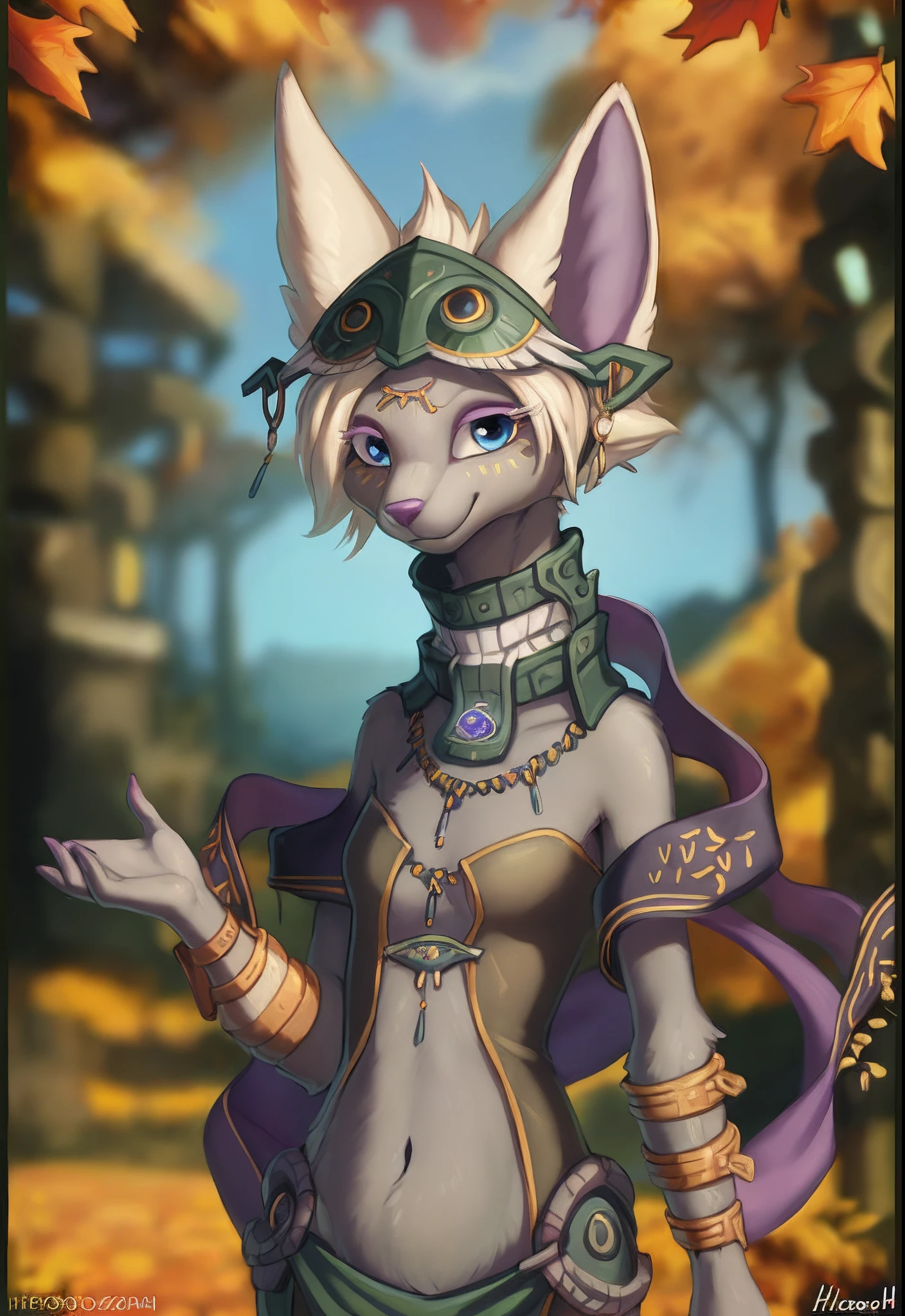 beautiful and detailed portrait, mineruwear,((mineru)) by hioshiru, ((zonai)), long neck,personalami,foxovh, fluffy, blue eyes,  ((slim body)), grey body,long eyelashes collar, necklace, mask, eyeshadow, arm bands, facial markings, 3 eyes, ((bokeh)), purple nose,small breasts, rings,happy,standing, bellybutton,clothing, floating scarf,clouds,trees,cinematic lighting, autumn,black and gold clothing