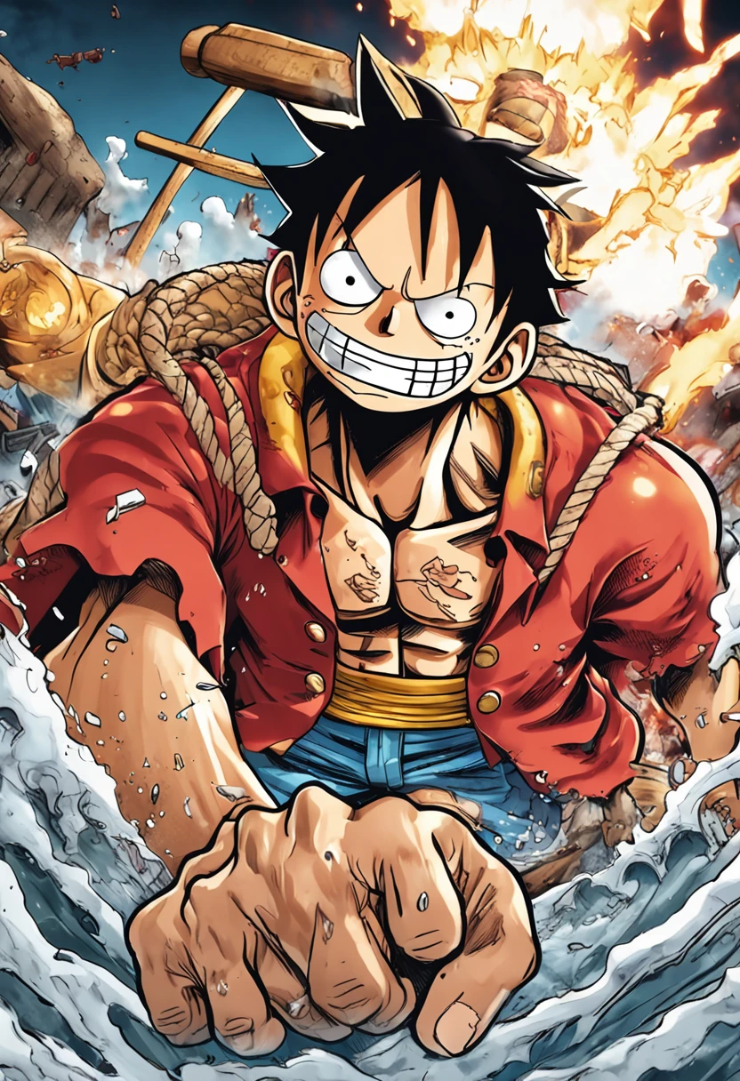 luffy de one piece tranformado em Gear 5 dando um soco no Yonkou Kaidou