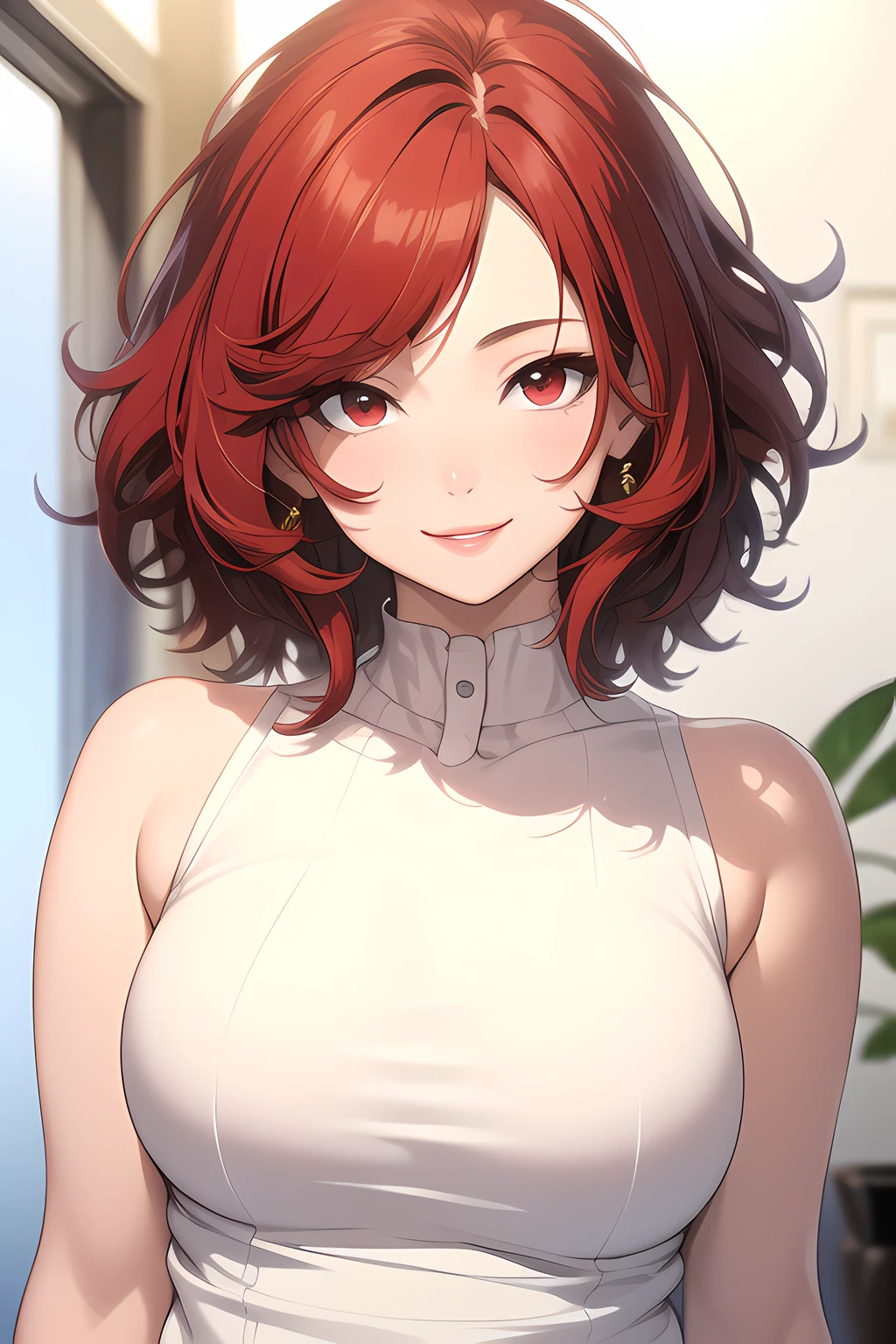 (masterpiece, best quality), intricate details, thin, ((slim)), beautiful girl, perfect face, expressive eyes, red hair, white skin, red eyes, casual, messy hair, plump lips, upper body, smile, closed mouth,